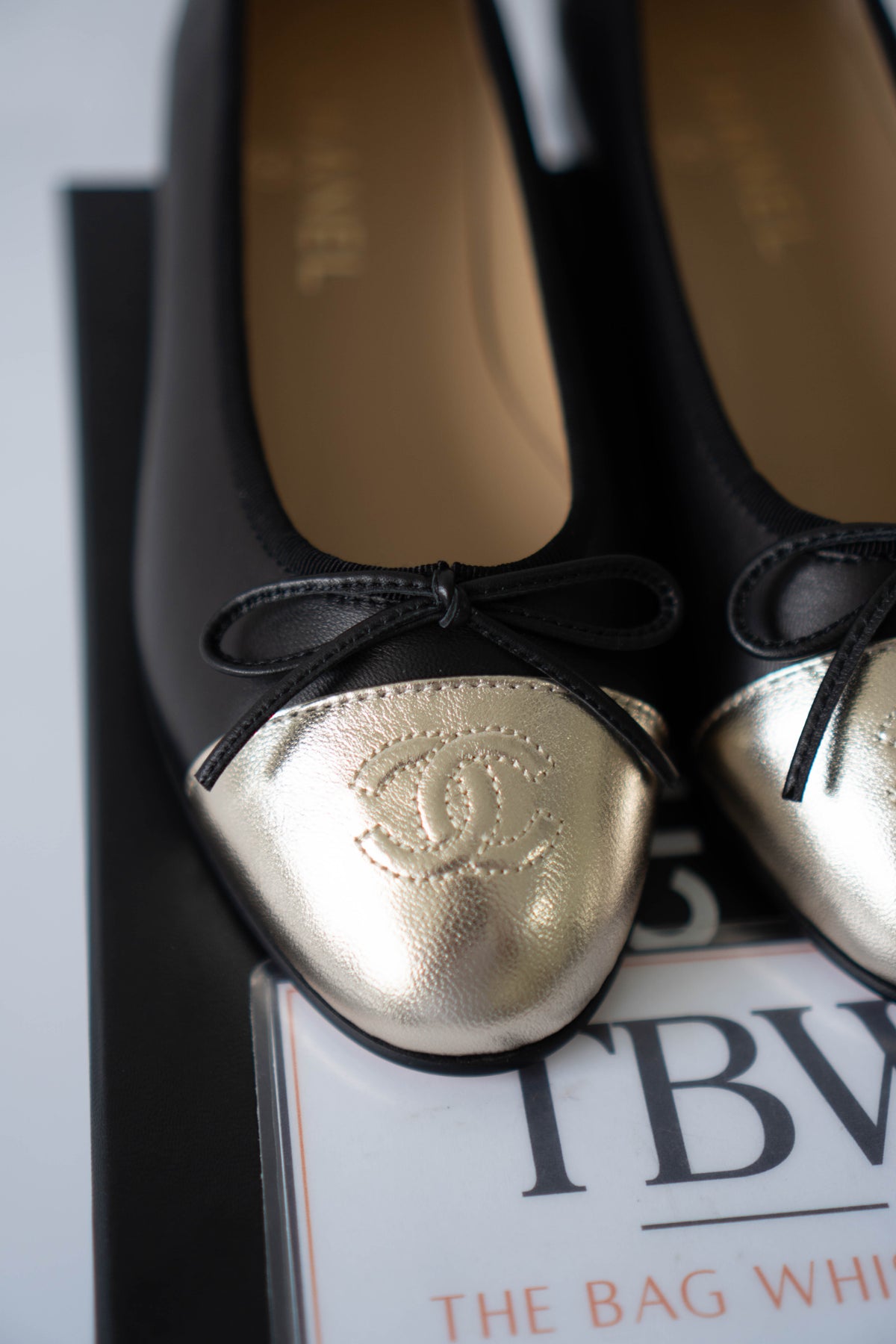 Classic Ballerina Flats – Black Lambskin with Metallic Gold Toe Cap