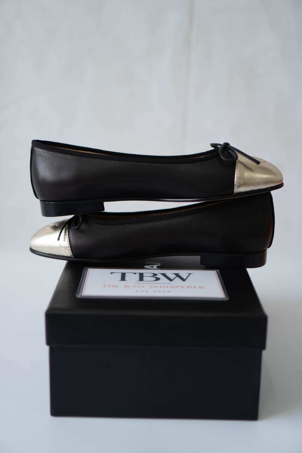 Classic Ballerina Flats – Black Lambskin with Metallic Gold Toe Cap