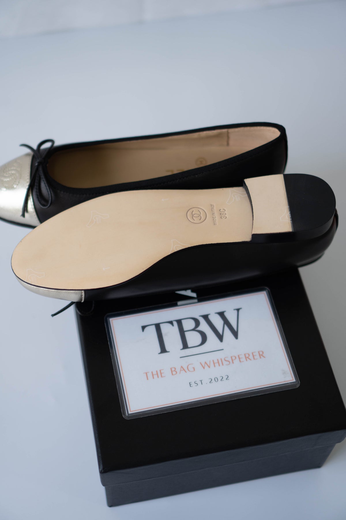 Classic Ballerina Flats – Black Lambskin with Metallic Gold Toe Cap