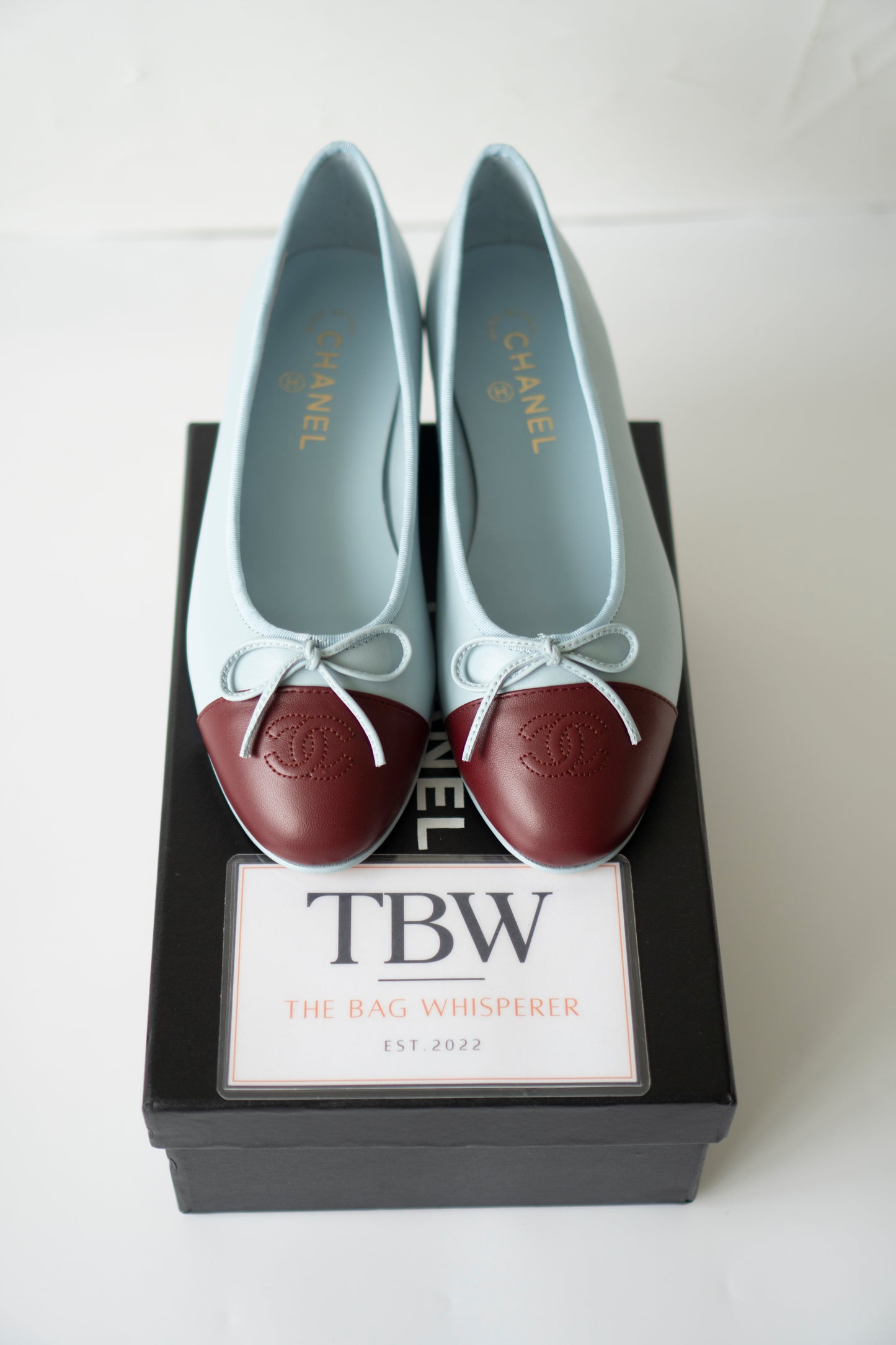 Classic Ballerina Flats – Light Blue Lambskin with Burgundy Cap Toe