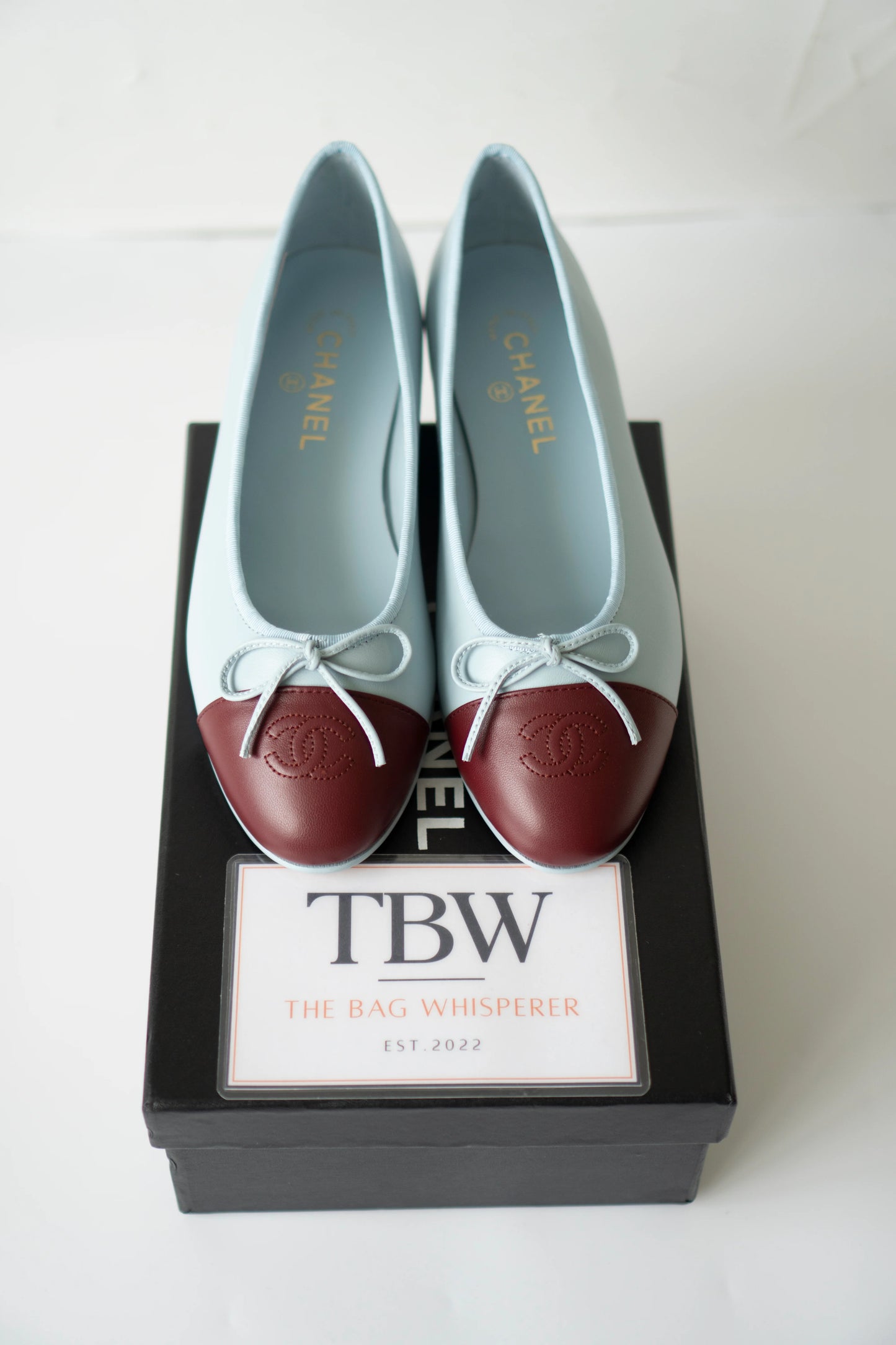 Classic Ballerina Flats – Light Blue Lambskin with Burgundy Cap Toe