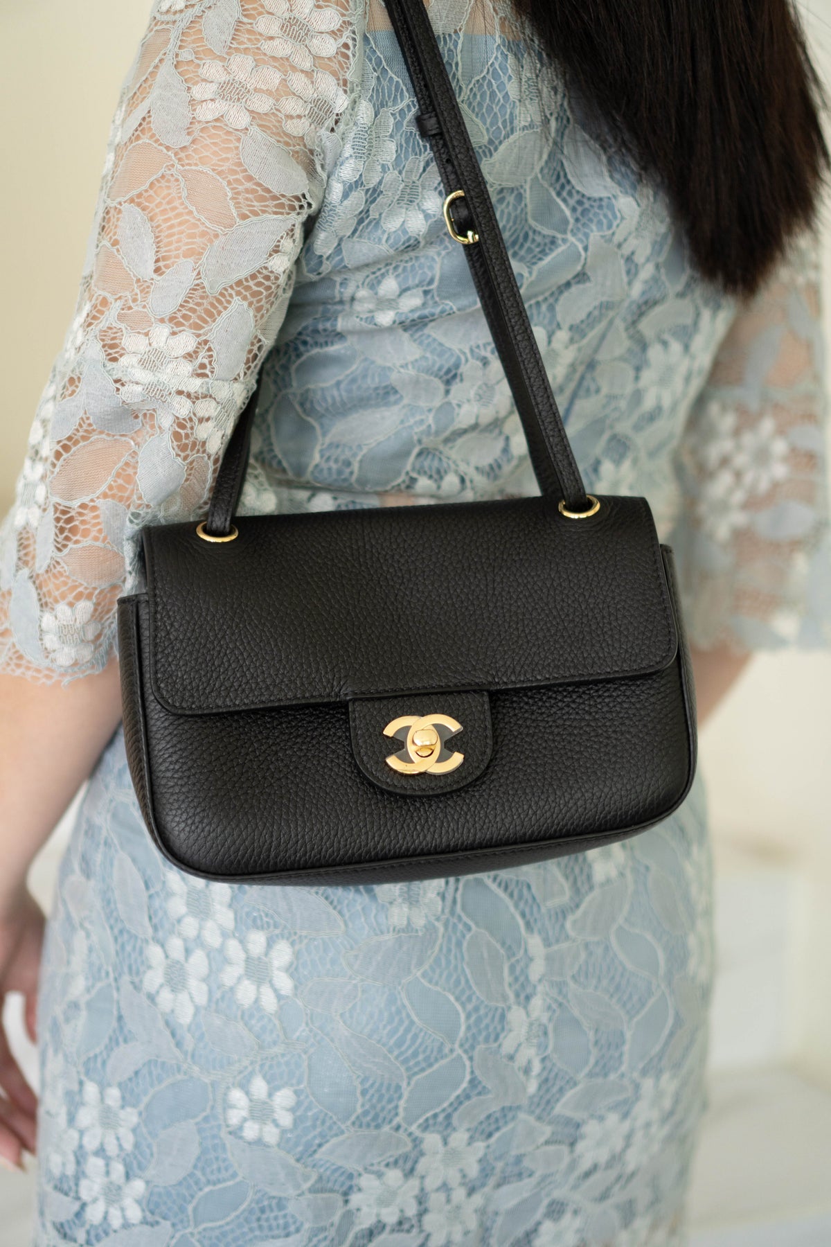 26B Flap Shoulder Bag – Black Leather with Gold Hardware