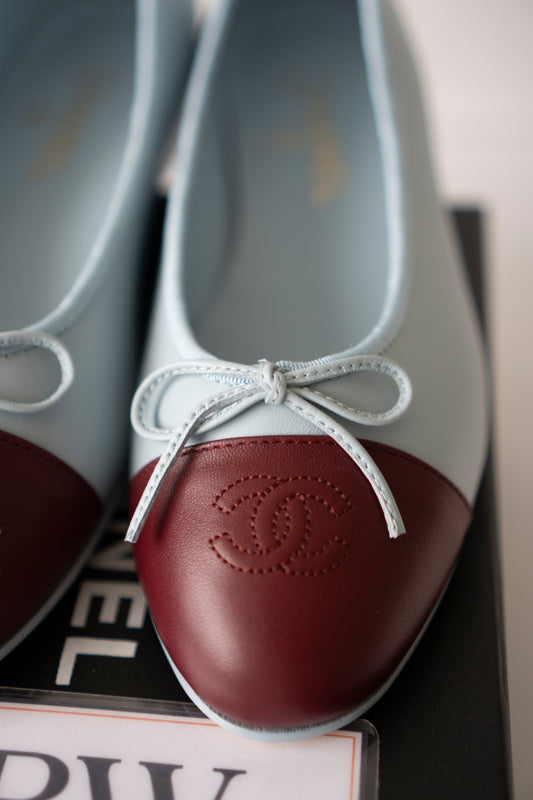 Classic Ballerina Flats – Light Blue Lambskin with Burgundy Cap Toe