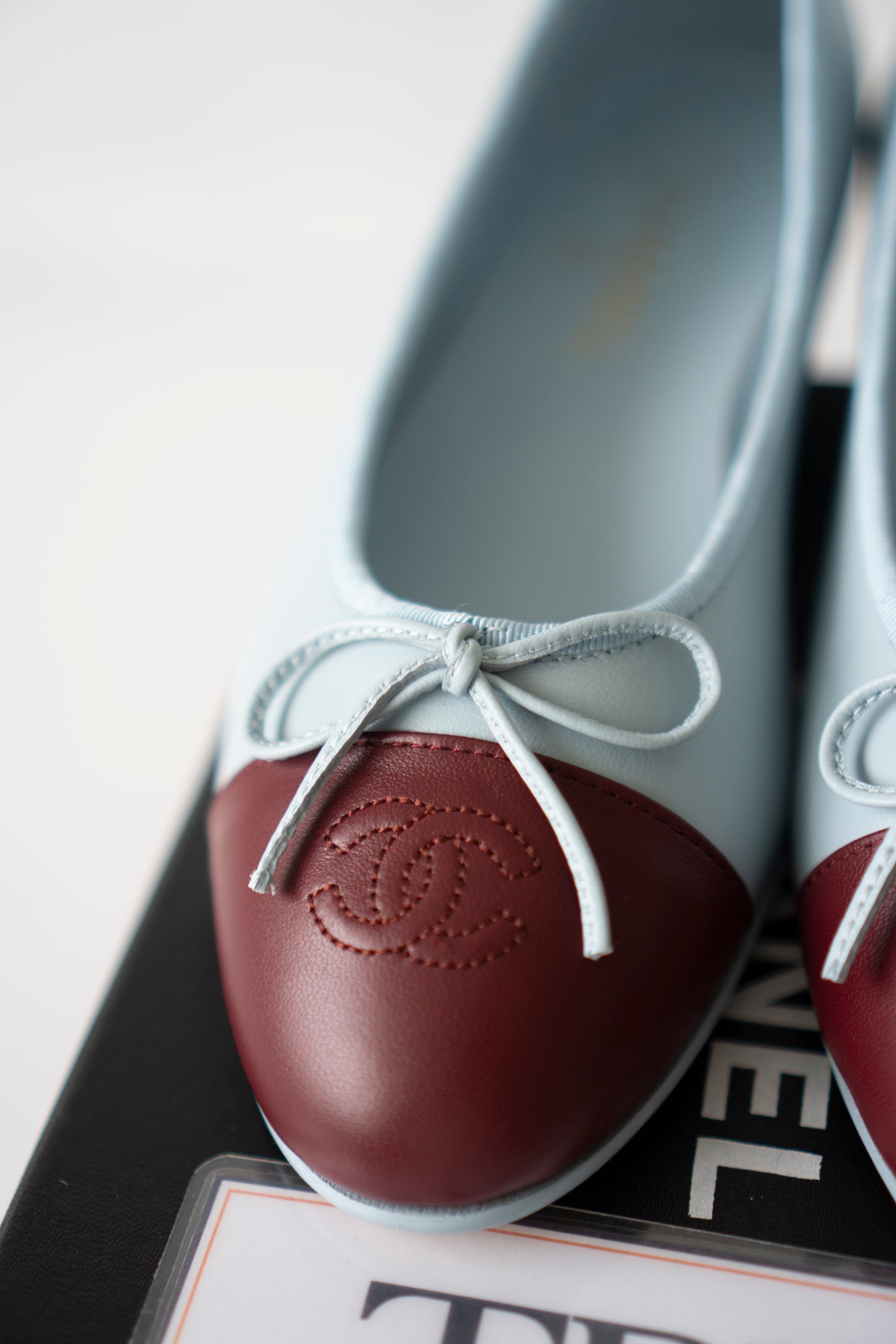 Classic Ballerina Flats – Light Blue Lambskin with Burgundy Cap Toe