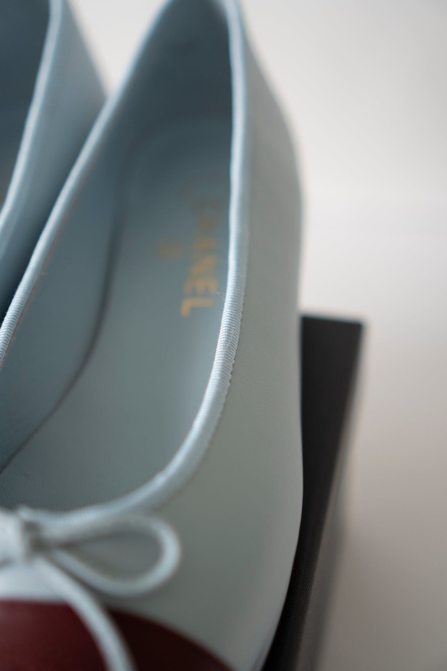 Classic Ballerina Flats – Light Blue Lambskin with Burgundy Cap Toe