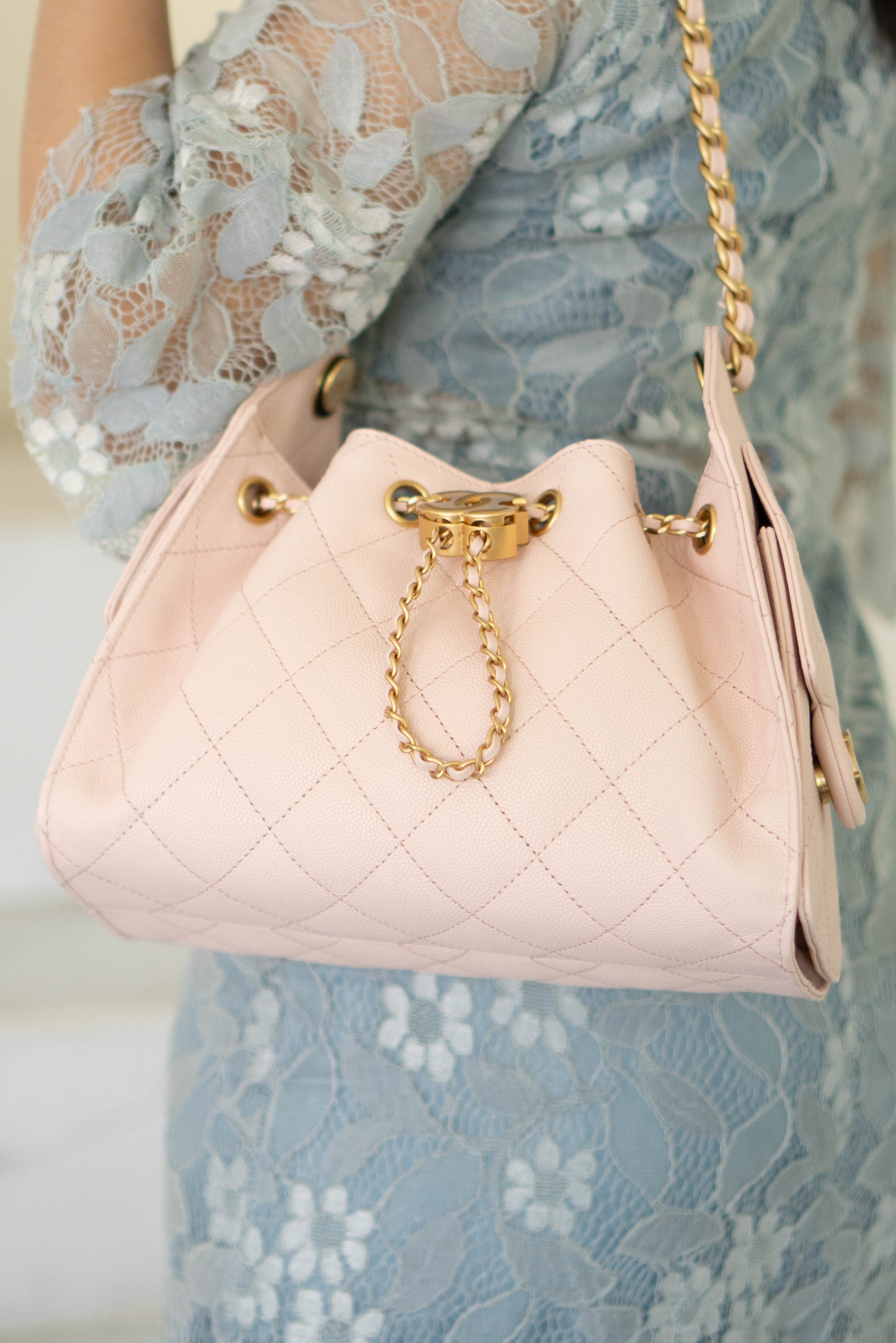 CC Small Drawstring Bucket Bag – Light Pink Caviar Leather with Gold Hardware
