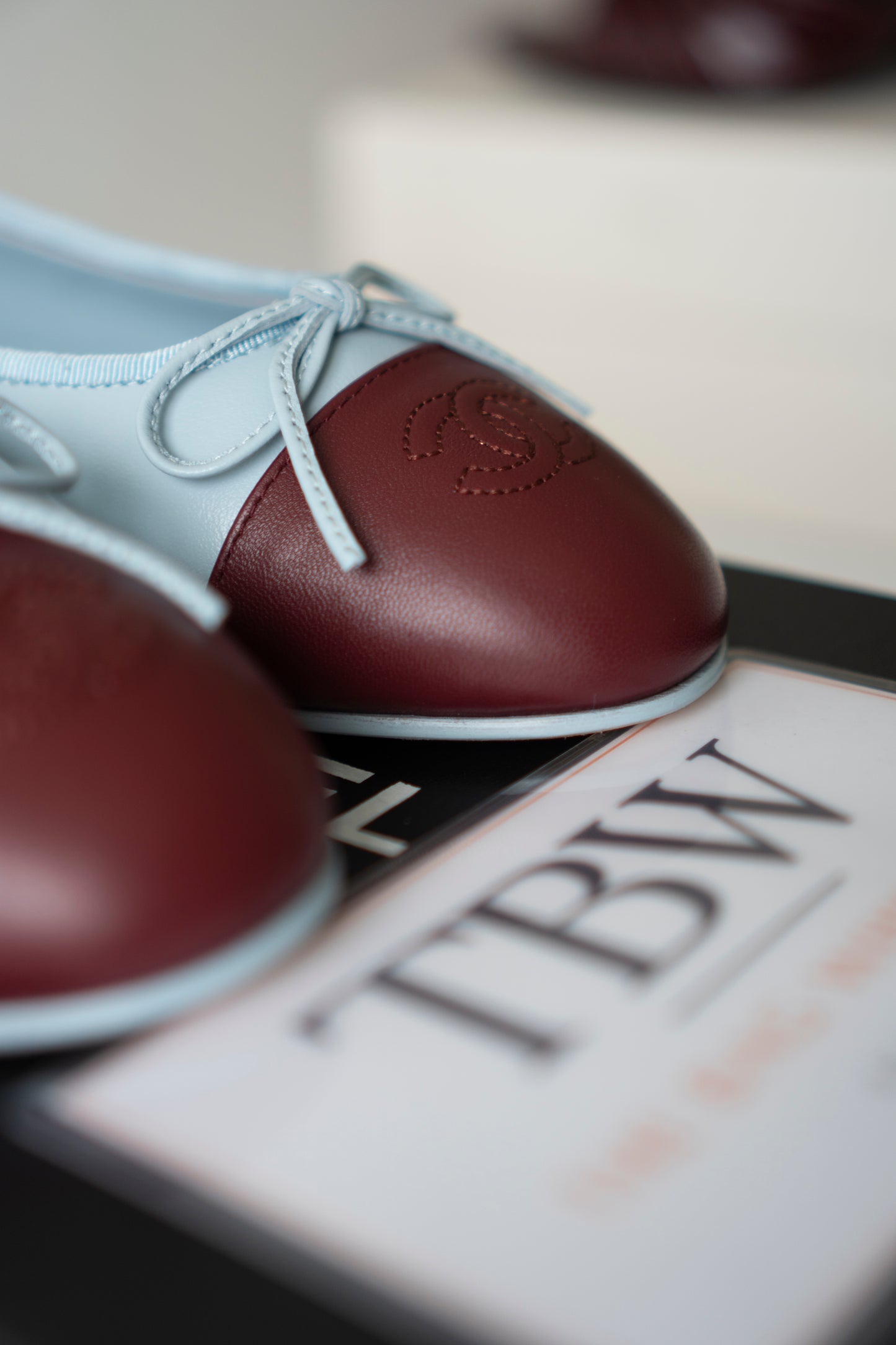 Classic Ballerina Flats – Light Blue Lambskin with Burgundy Cap Toe