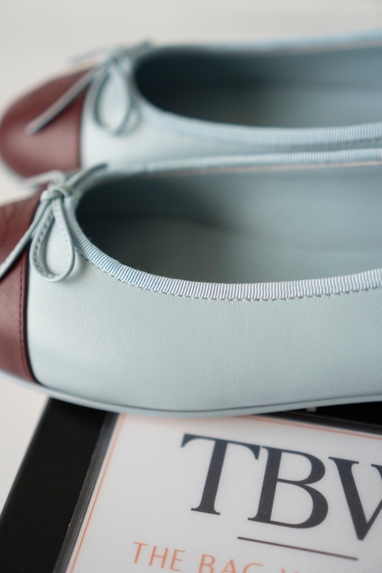 Classic Ballerina Flats – Light Blue Lambskin with Burgundy Cap Toe