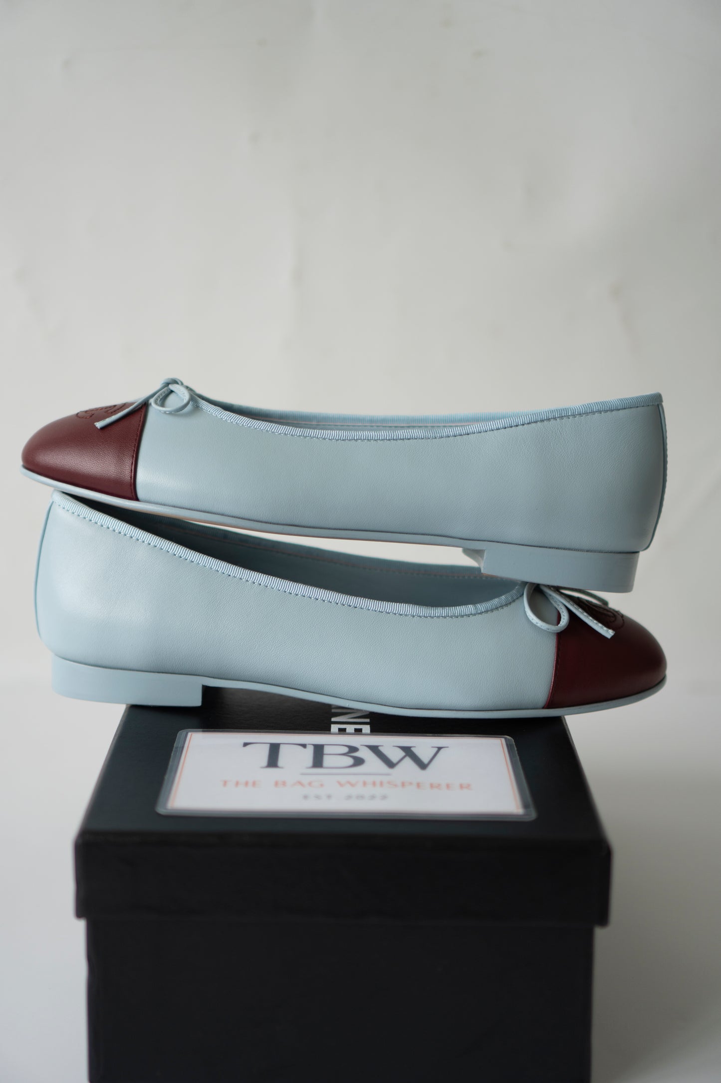 Classic Ballerina Flats – Light Blue Lambskin with Burgundy Cap Toe