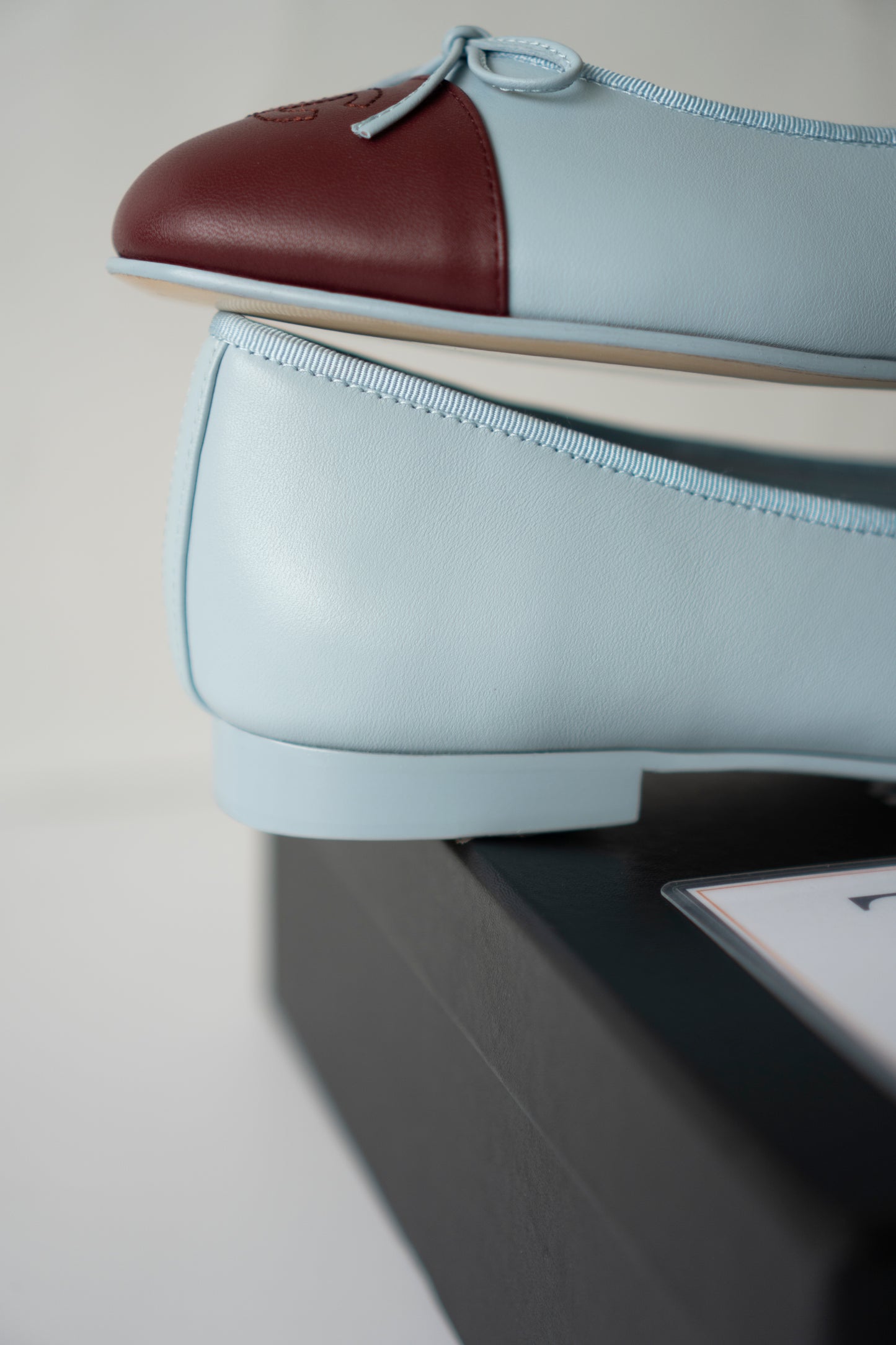 Classic Ballerina Flats – Light Blue Lambskin with Burgundy Cap Toe