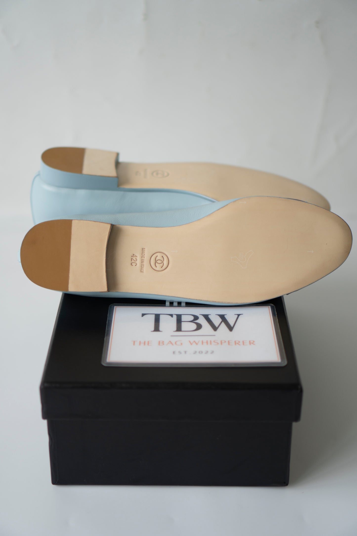 Classic Ballerina Flats – Light Blue Lambskin with Burgundy Cap Toe
