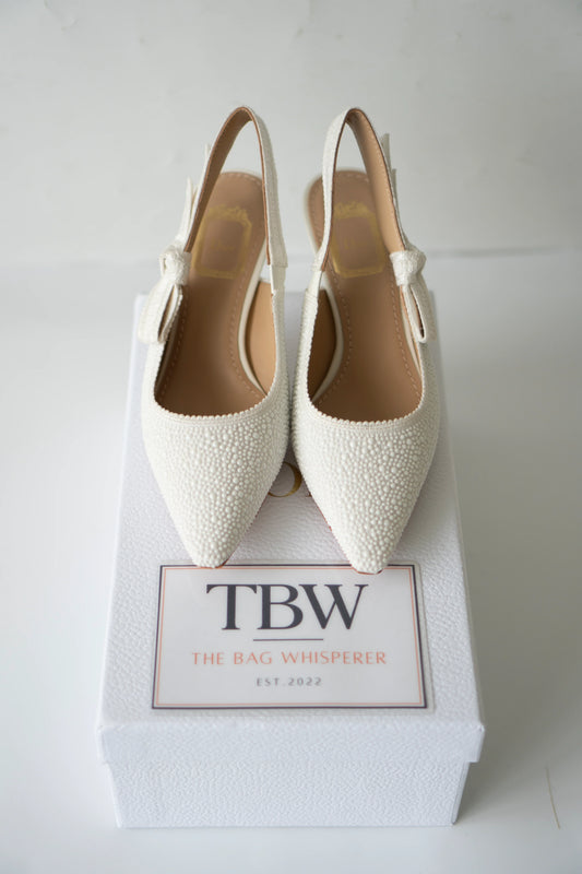 Slingback Pumps – White Pearl Embroidered Cotton