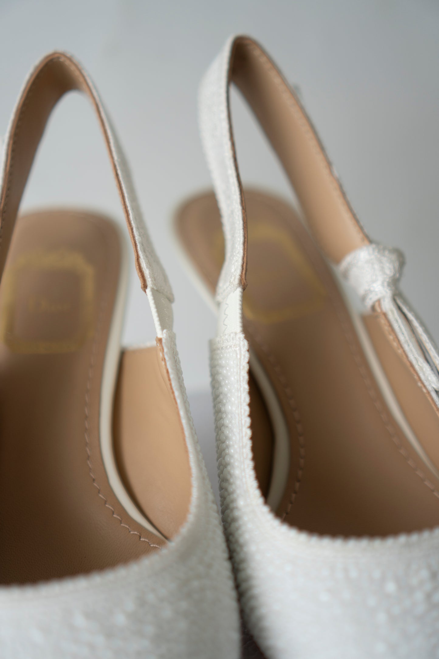 Slingback Pumps – White Pearl Embroidered Cotton