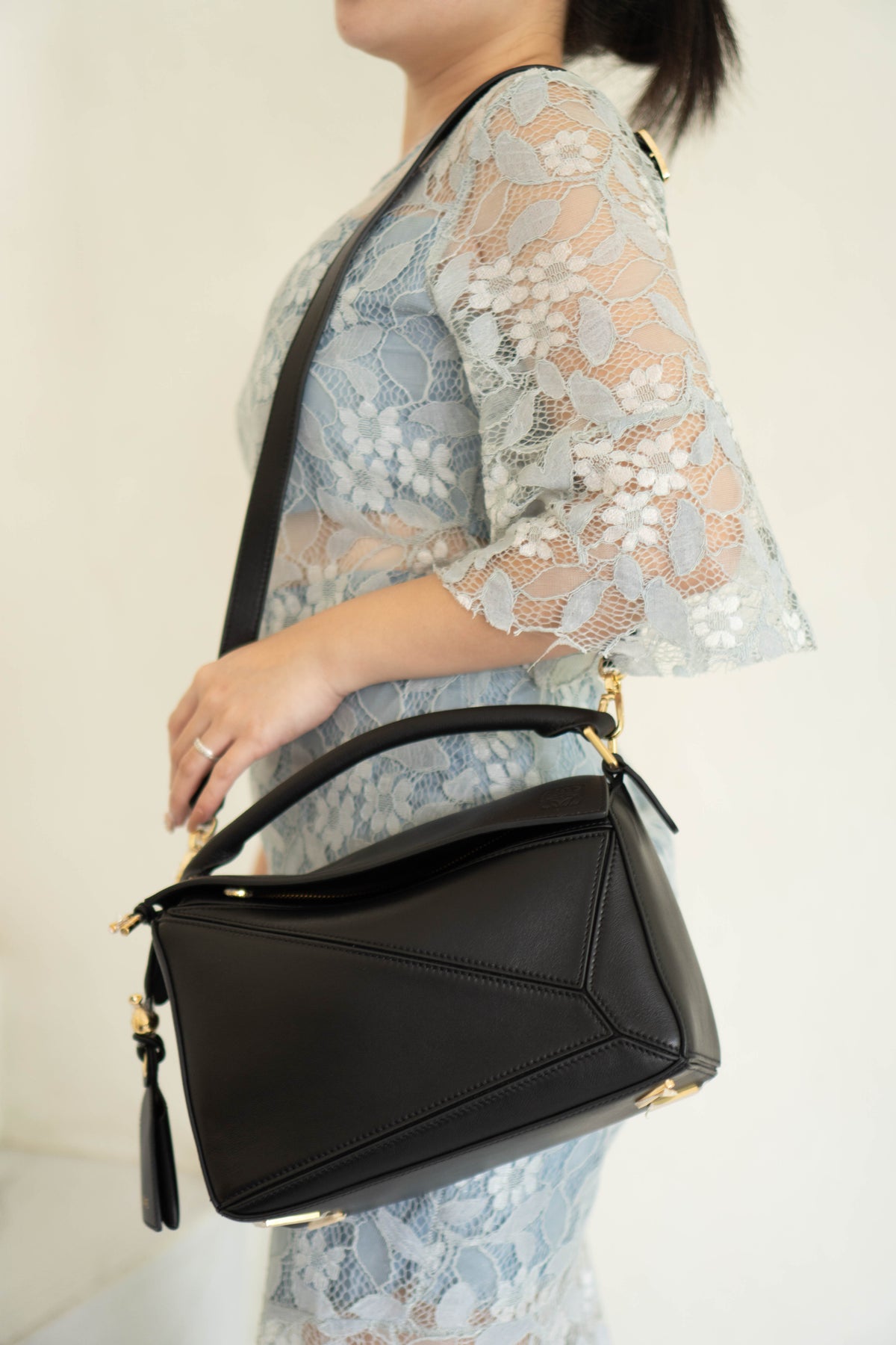 Puzzle Small Bag – Black Satin Calfskin Leather with Gold Hardware