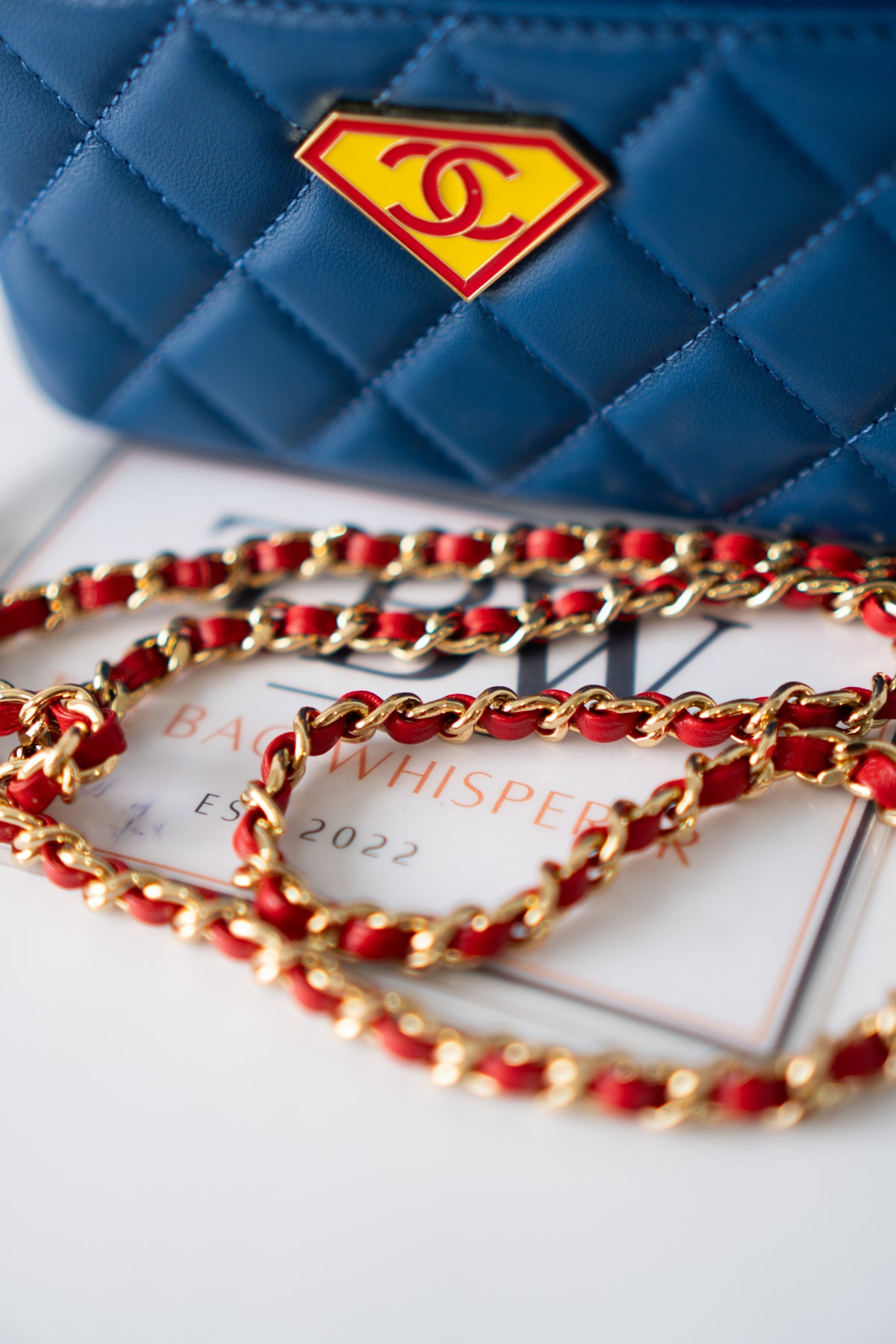 Small Vanity Case (Superman) with Top Handle – Blue Quilted Lambskin with Superhero Emblem &amp; Gold Hardware
