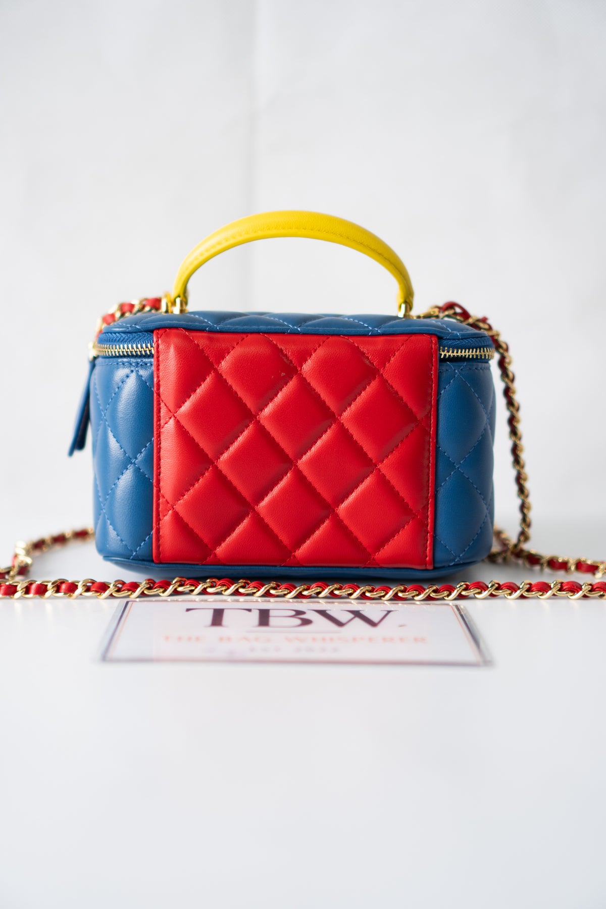 Small Vanity Case (Superman) with Top Handle – Blue Quilted Lambskin with Superhero Emblem &amp; Gold Hardware
