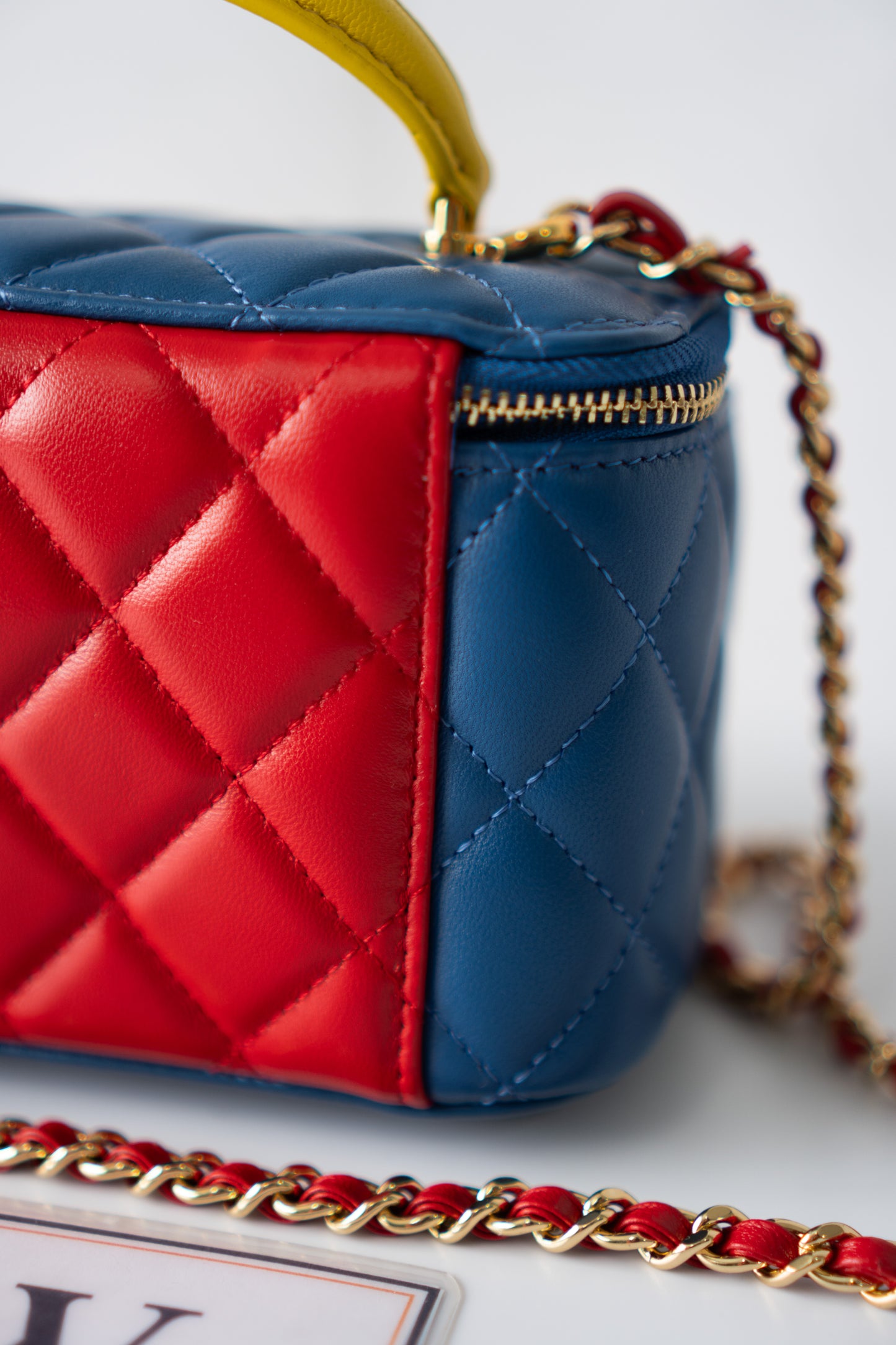 Small Vanity Case (Superman) with Top Handle – Blue Quilted Lambskin with Superhero Emblem &amp; Gold Hardware
