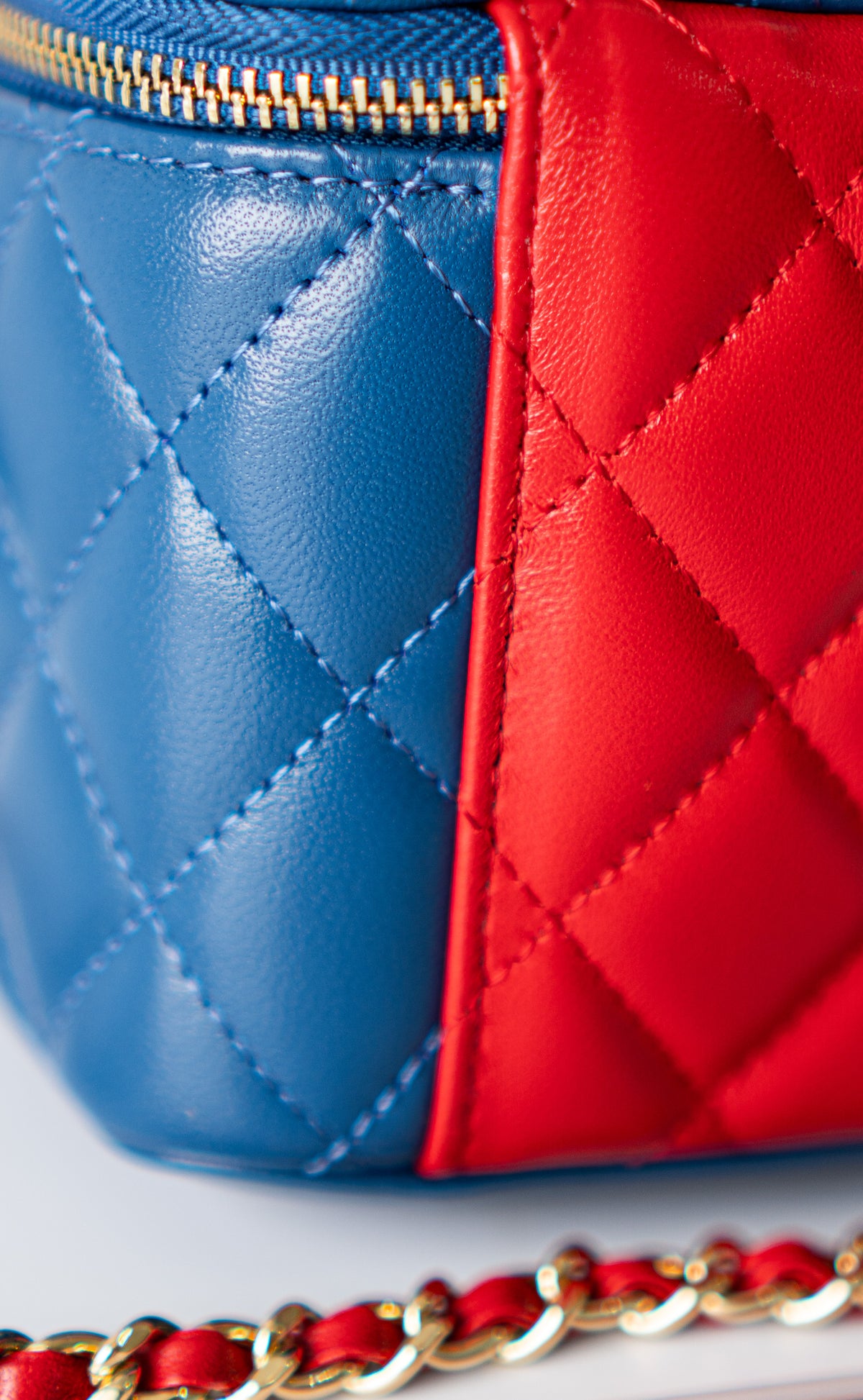 Small Vanity Case (Superman) with Top Handle – Blue Quilted Lambskin with Superhero Emblem &amp; Gold Hardware
