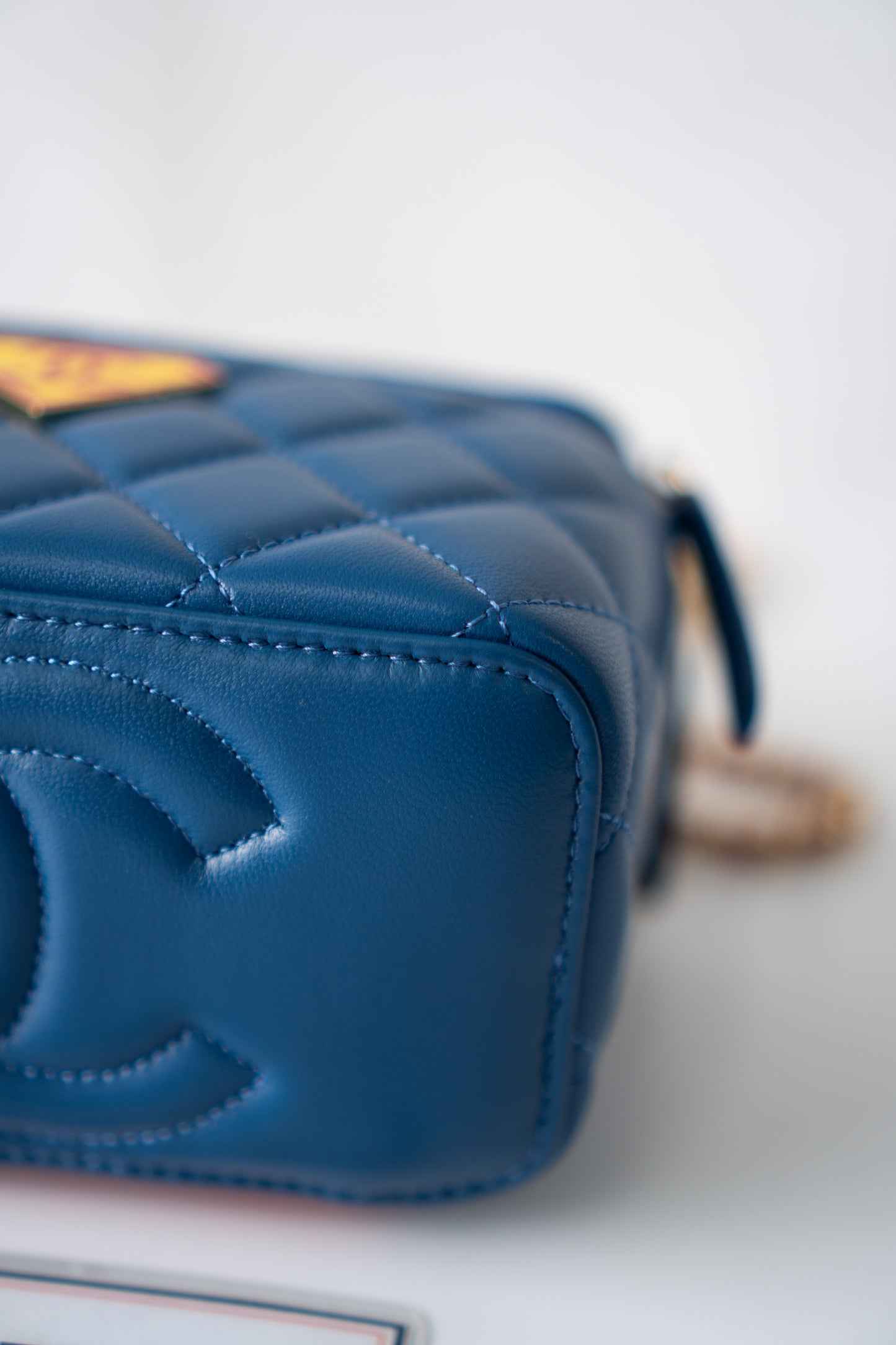 Small Vanity Case (Superman) with Top Handle – Blue Quilted Lambskin with Superhero Emblem &amp; Gold Hardware