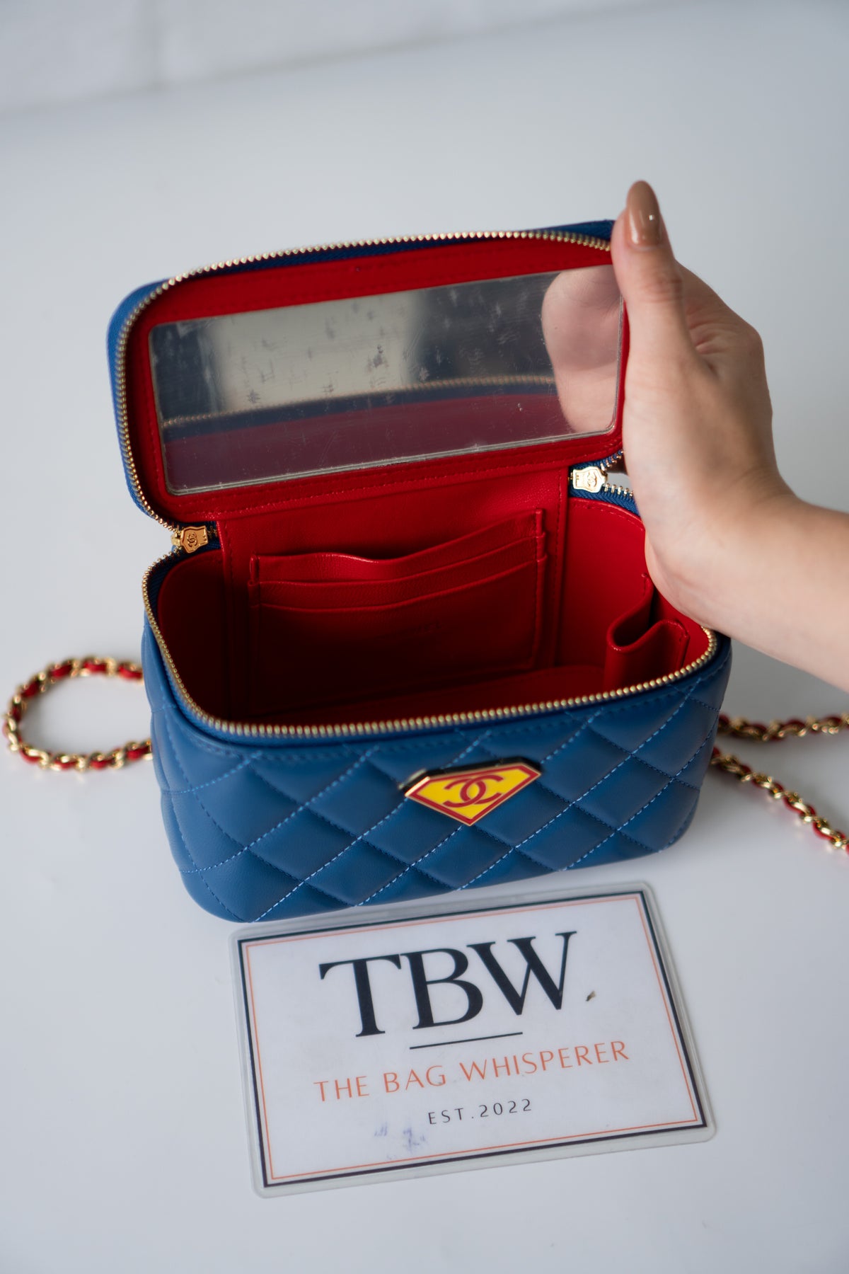 Small Vanity Case (Superman) with Top Handle – Blue Quilted Lambskin with Superhero Emblem &amp; Gold Hardware