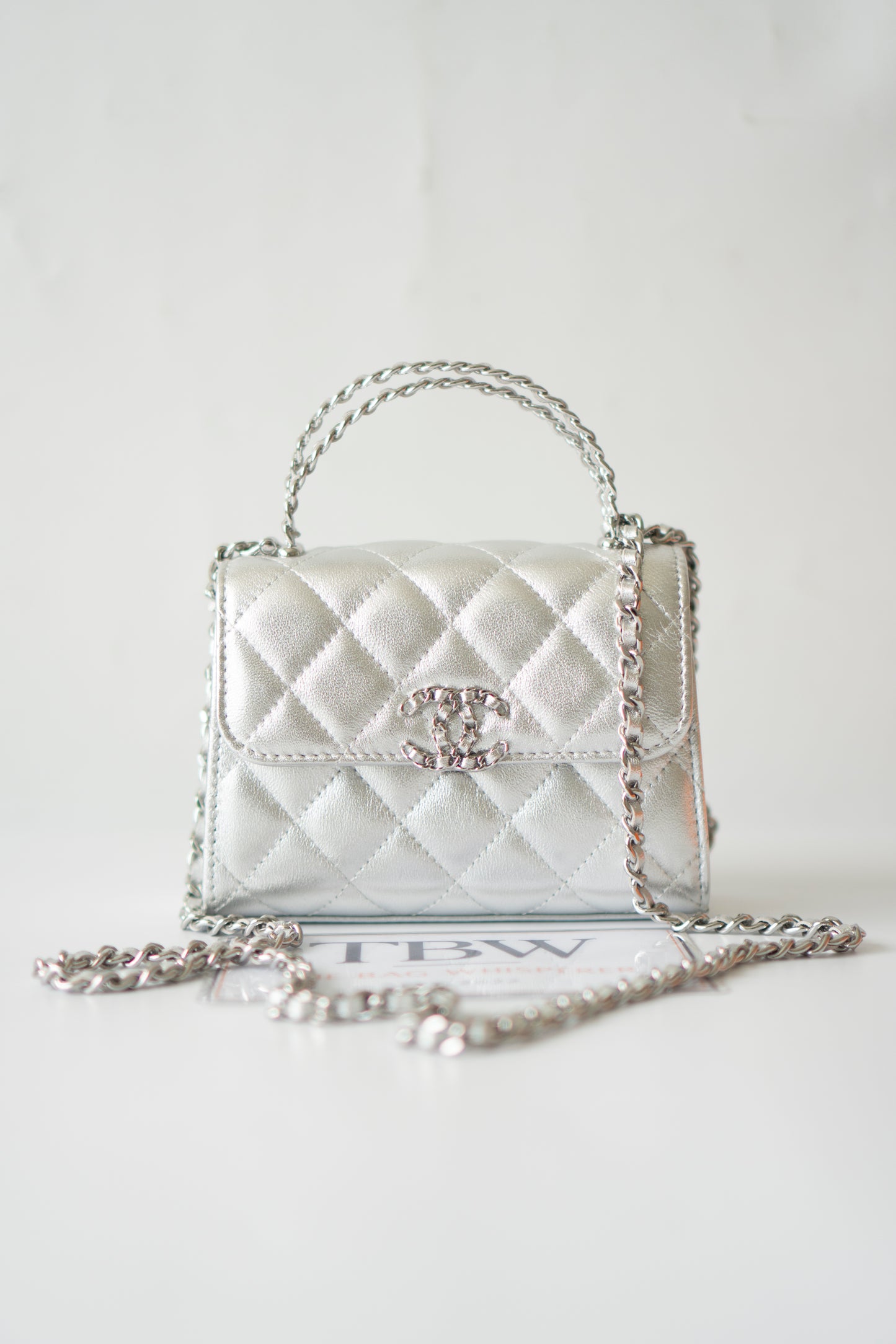 Mini Kelly Shopping Bag – Metallic Silver Quilted Lambskin with Silver Hardware