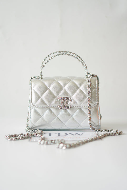 Mini Kelly Shopping Bag – Metallic Silver Quilted Lambskin with Silver Hardware