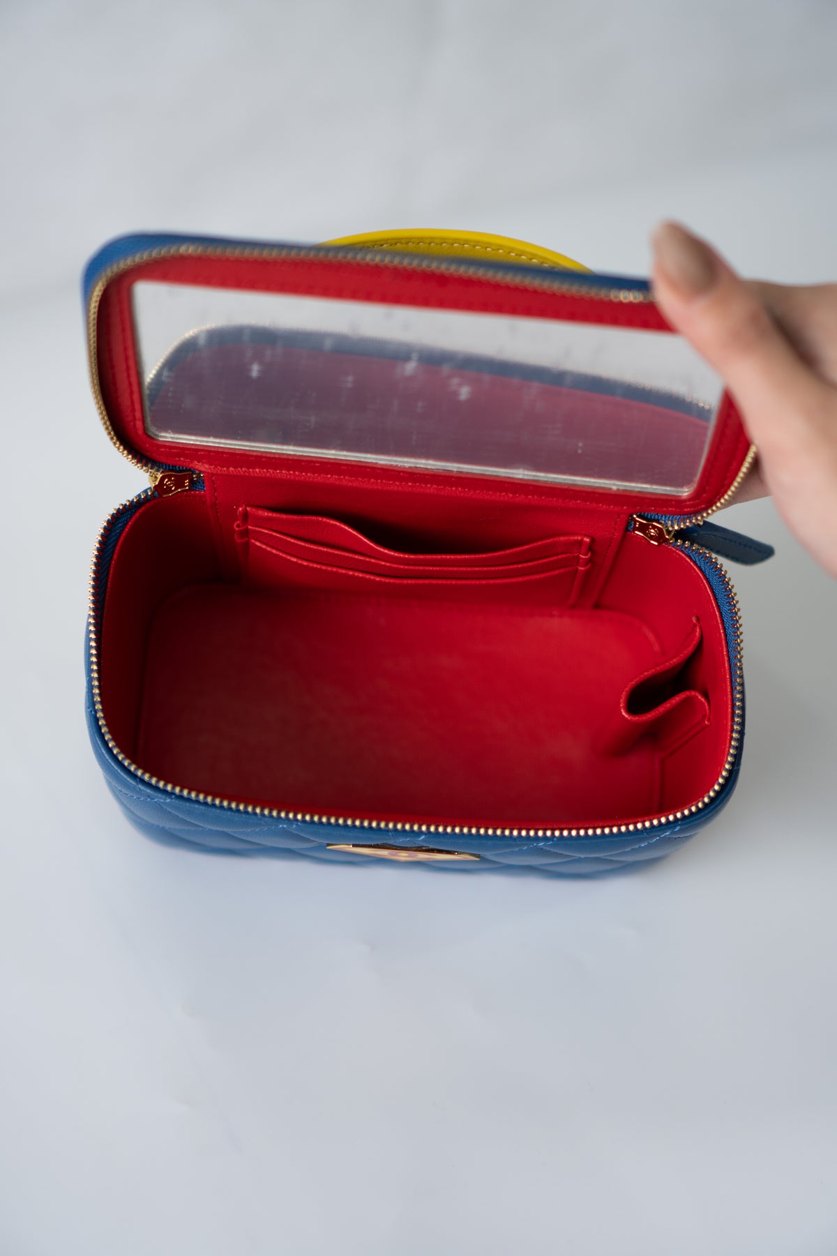 Small Vanity Case (Superman) with Top Handle – Blue Quilted Lambskin with Superhero Emblem &amp; Gold Hardware