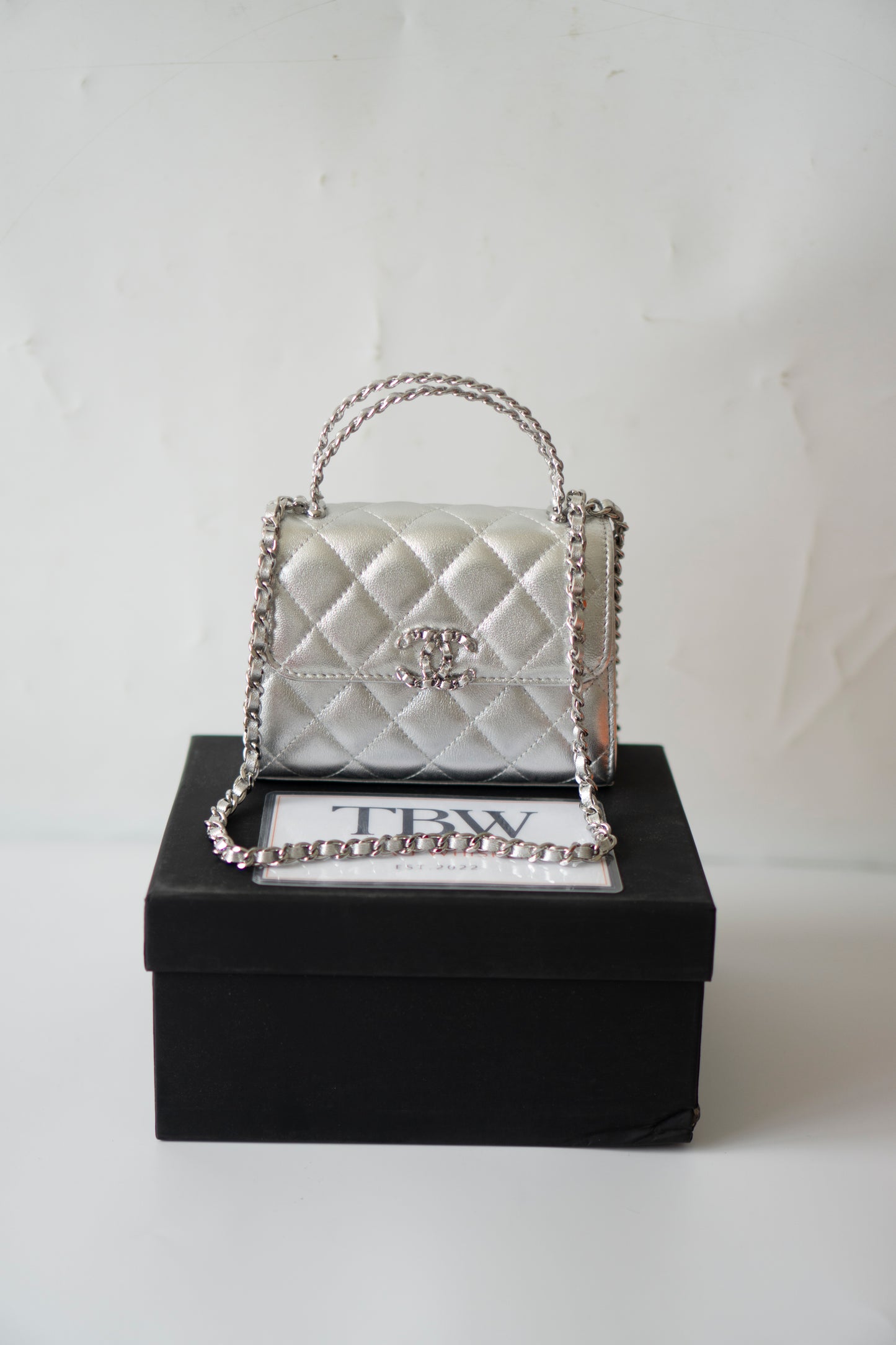 Mini Kelly Shopping Bag – Metallic Silver Quilted Lambskin with Silver Hardware