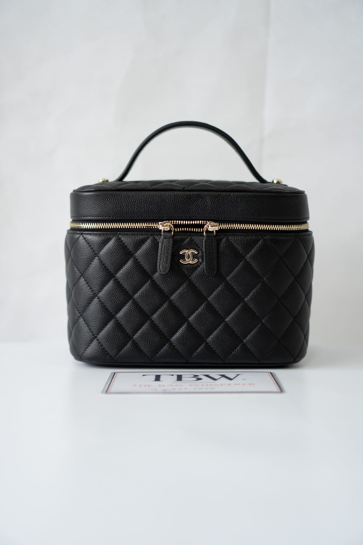 Classic Vanity Case with Top Handle – Black Quilted Caviar Leather with Gold Hardware