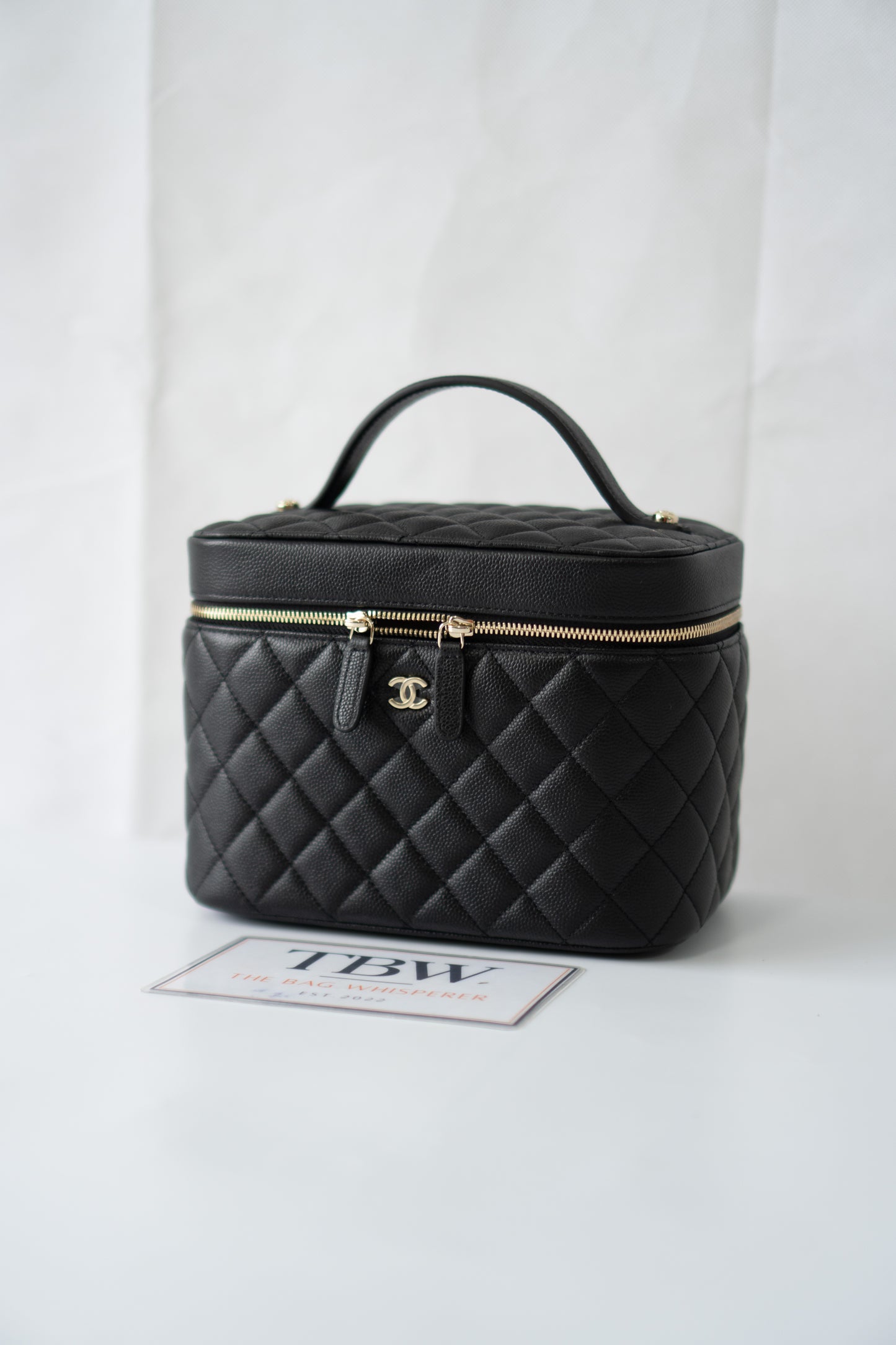 Classic Vanity Case with Top Handle – Black Quilted Caviar Leather with Gold Hardware