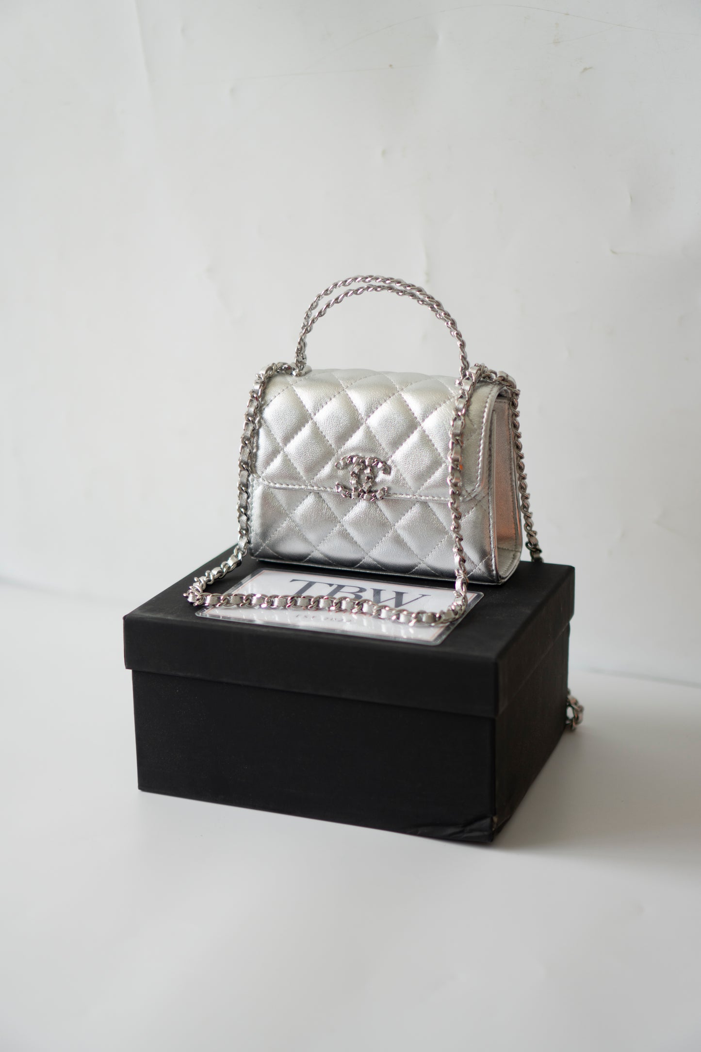 Mini Kelly Shopping Bag – Metallic Silver Quilted Lambskin with Silver Hardware