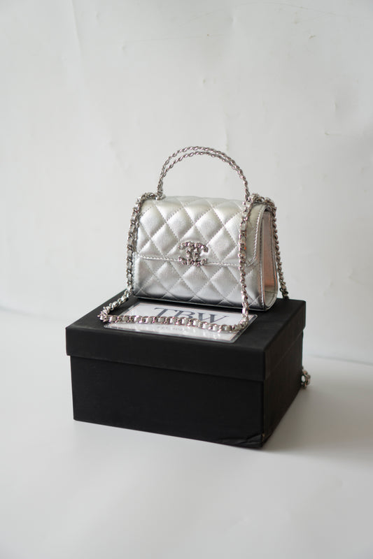 Mini Kelly Shopping Bag – Metallic Silver Quilted Lambskin with Silver Hardware