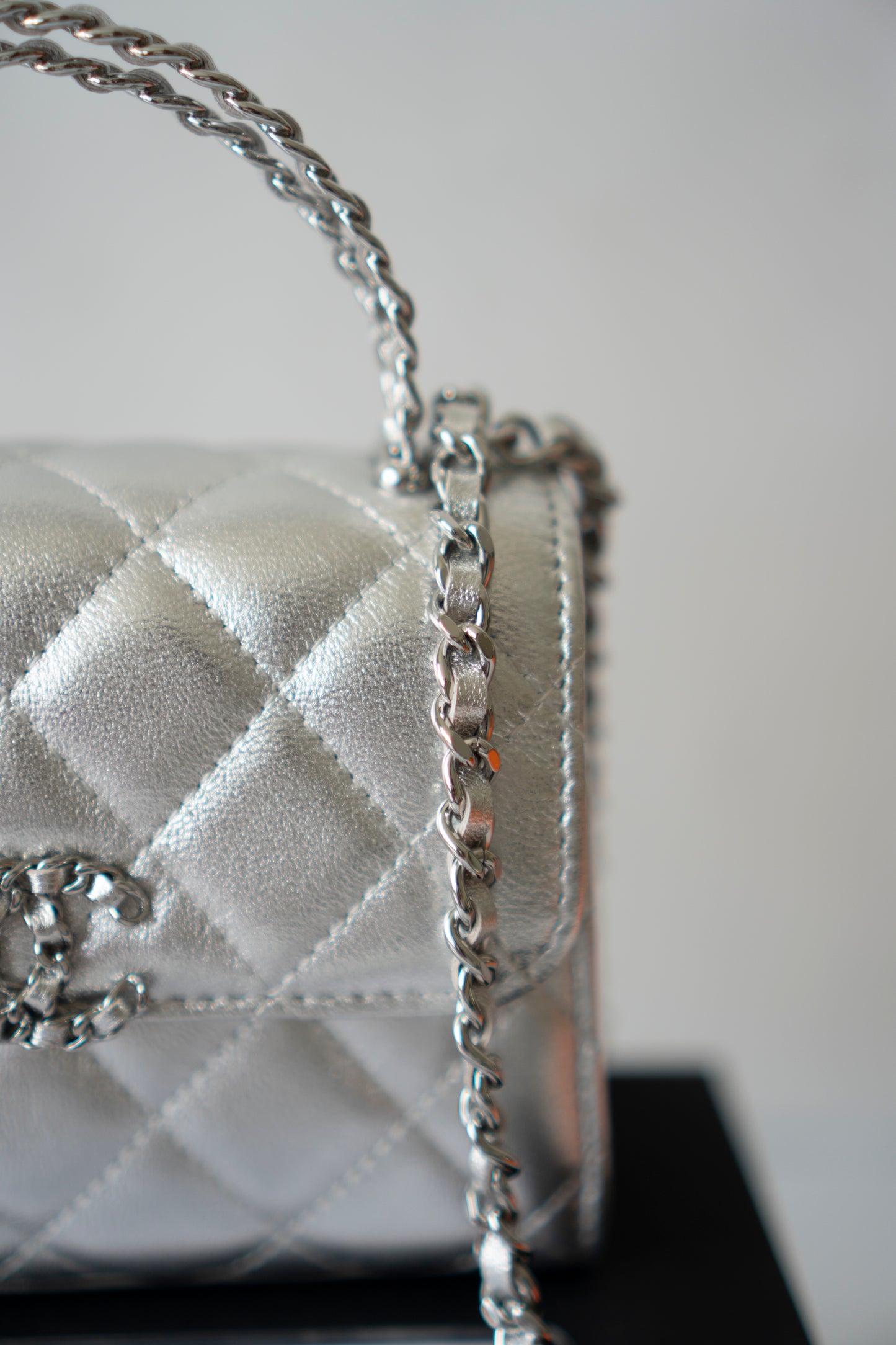 Mini Kelly Shopping Bag – Metallic Silver Quilted Lambskin with Silver Hardware