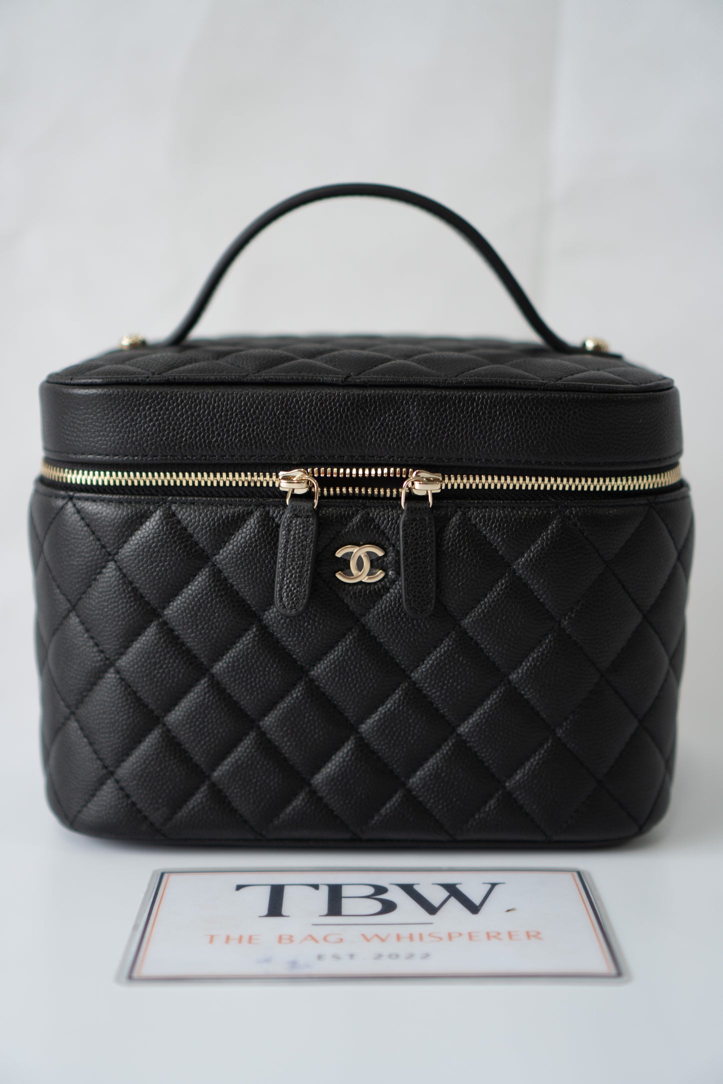 Classic Vanity Case with Top Handle – Black Quilted Caviar Leather with Gold Hardware