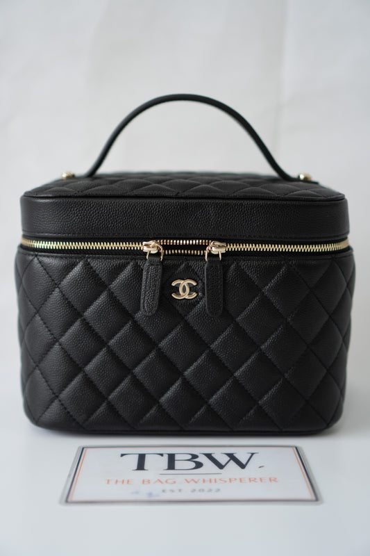Classic Vanity Case with Top Handle – Black Quilted Caviar Leather with Gold Hardware