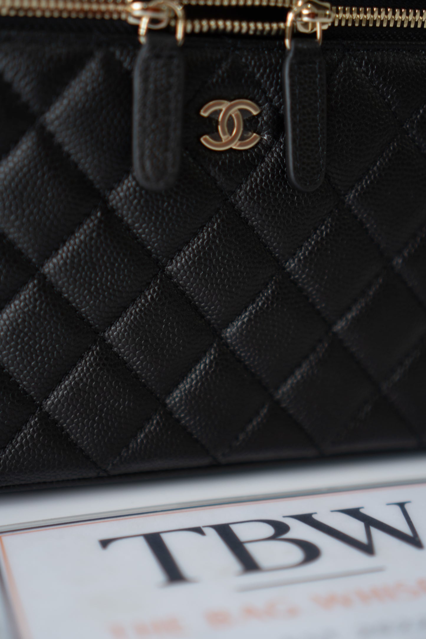 Classic Vanity Case with Top Handle – Black Quilted Caviar Leather with Gold Hardware