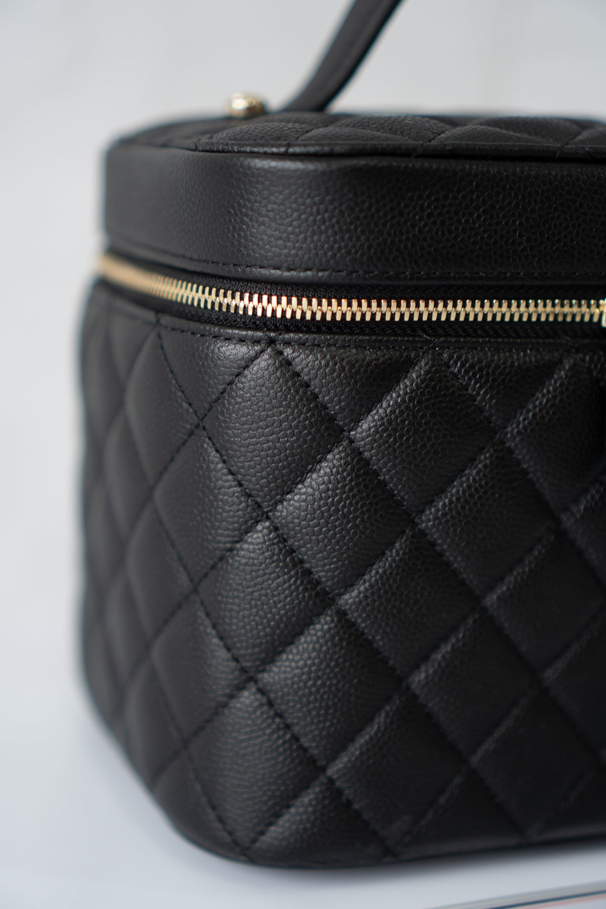 Classic Vanity Case with Top Handle – Black Quilted Caviar Leather with Gold Hardware