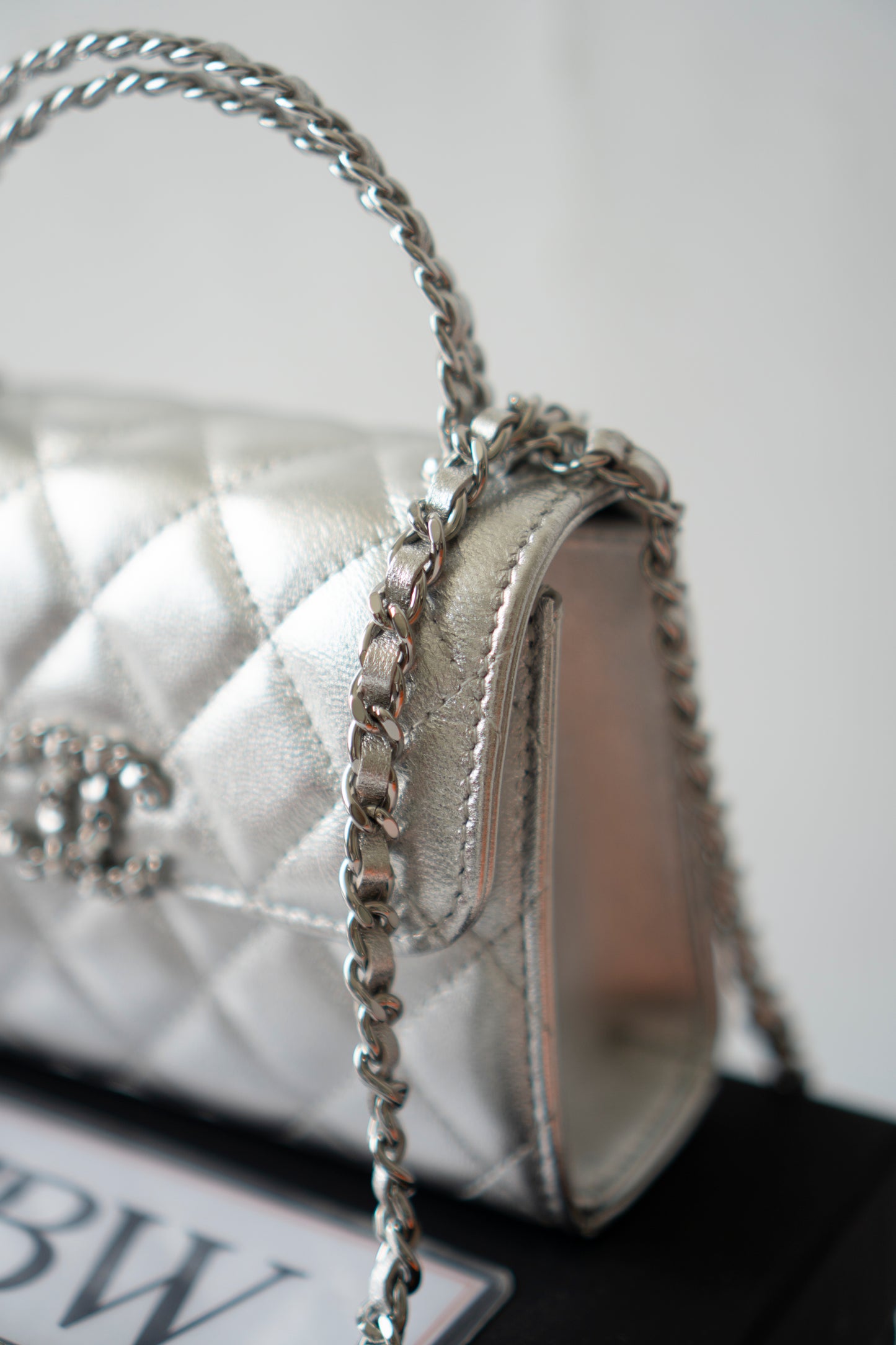 Mini Kelly Shopping Bag – Metallic Silver Quilted Lambskin with Silver Hardware