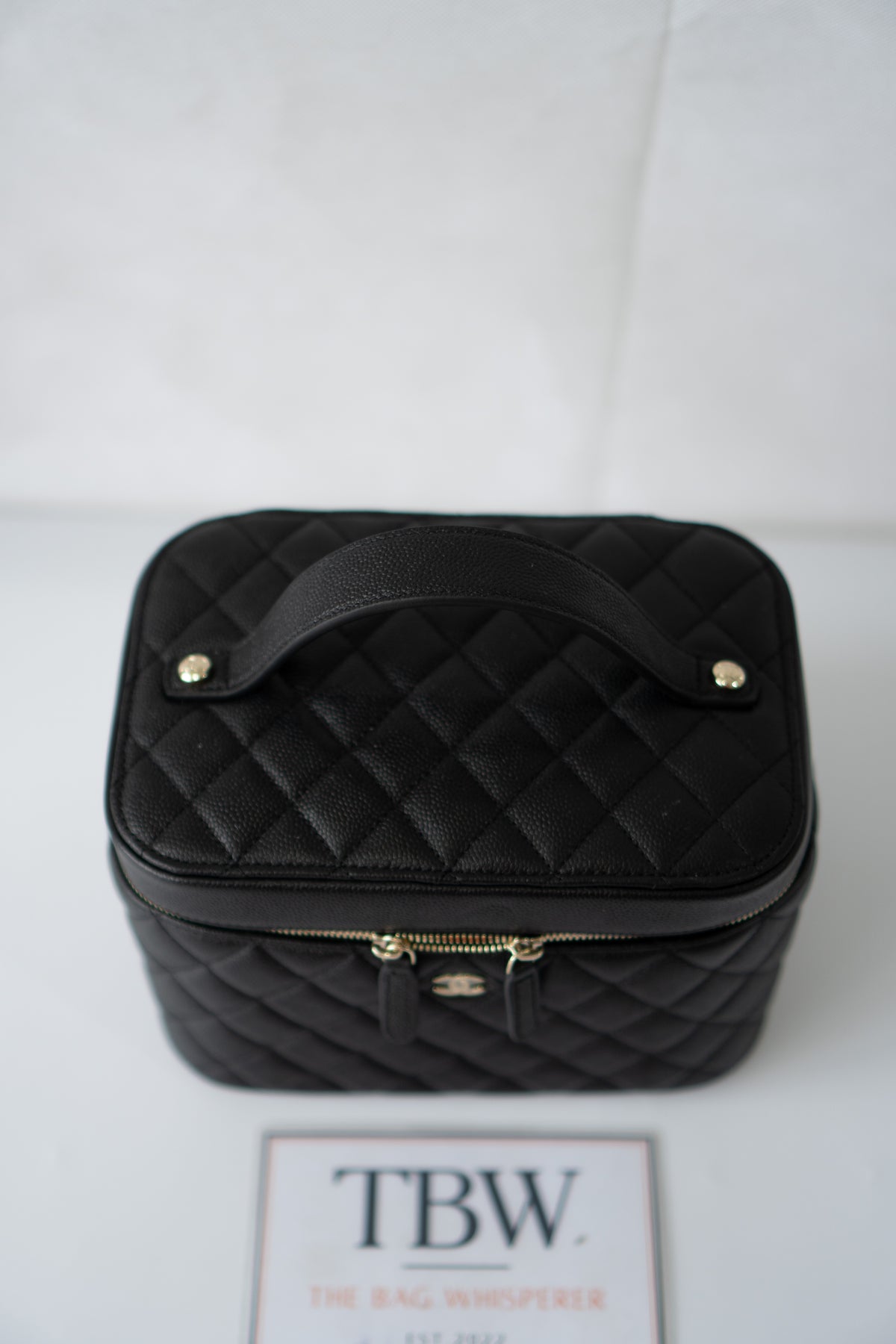Classic Vanity Case with Top Handle – Black Quilted Caviar Leather with Gold Hardware