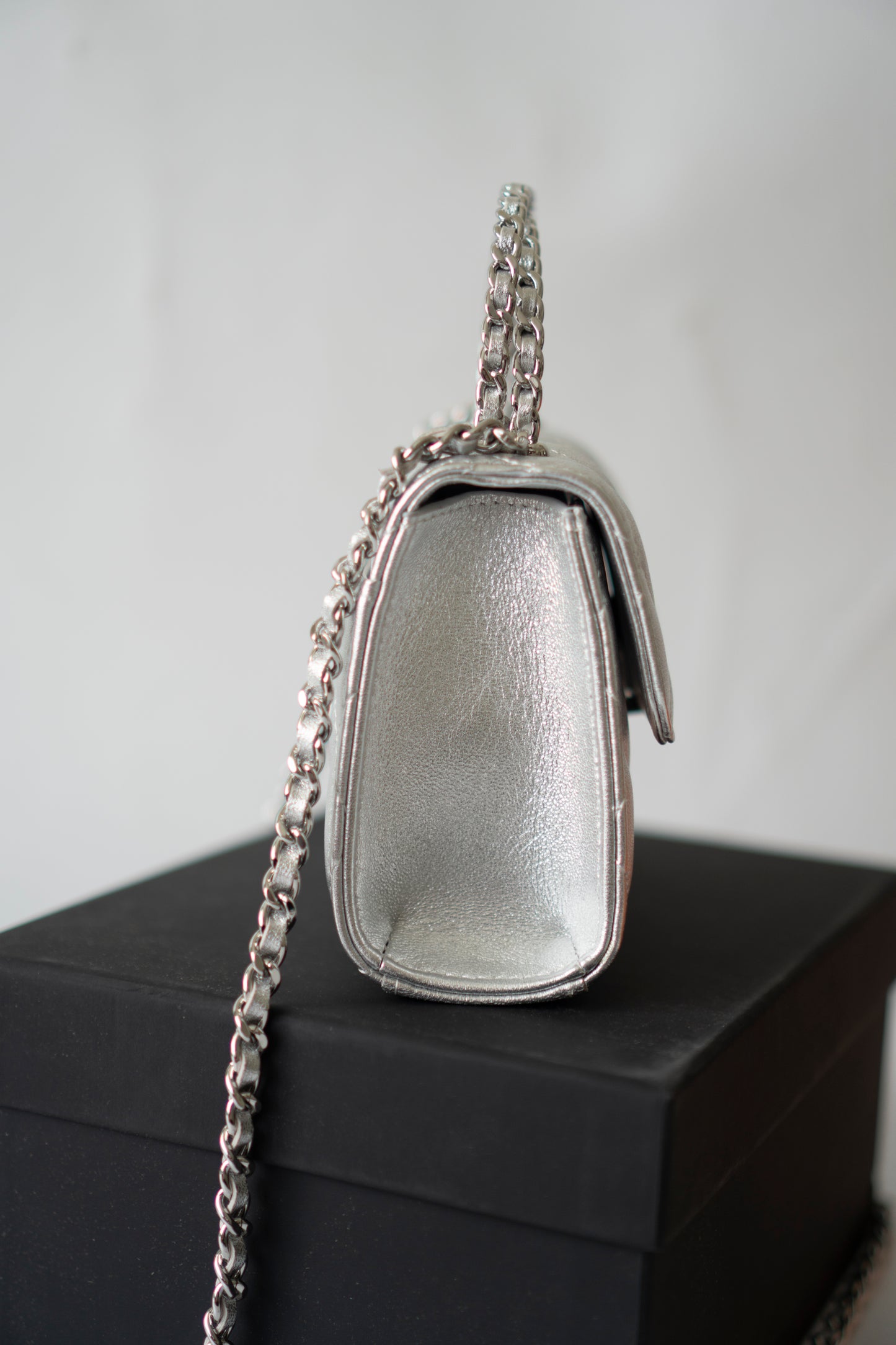 Mini Kelly Shopping Bag – Metallic Silver Quilted Lambskin with Silver Hardware