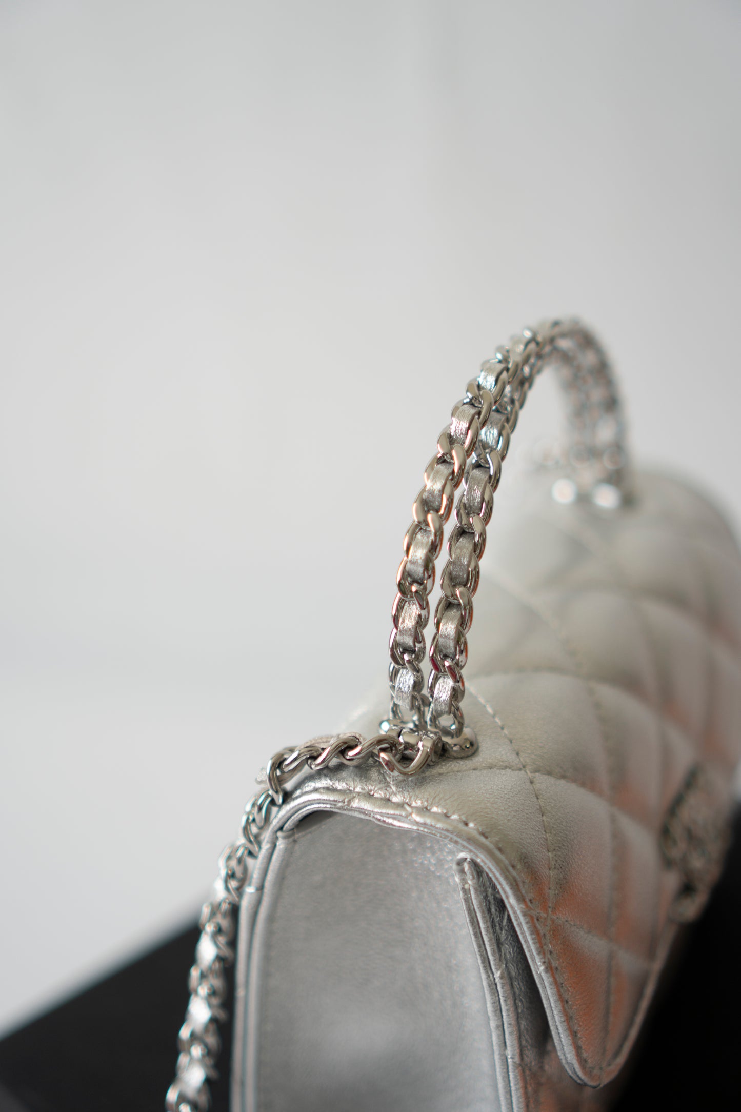 Mini Kelly Shopping Bag – Metallic Silver Quilted Lambskin with Silver Hardware