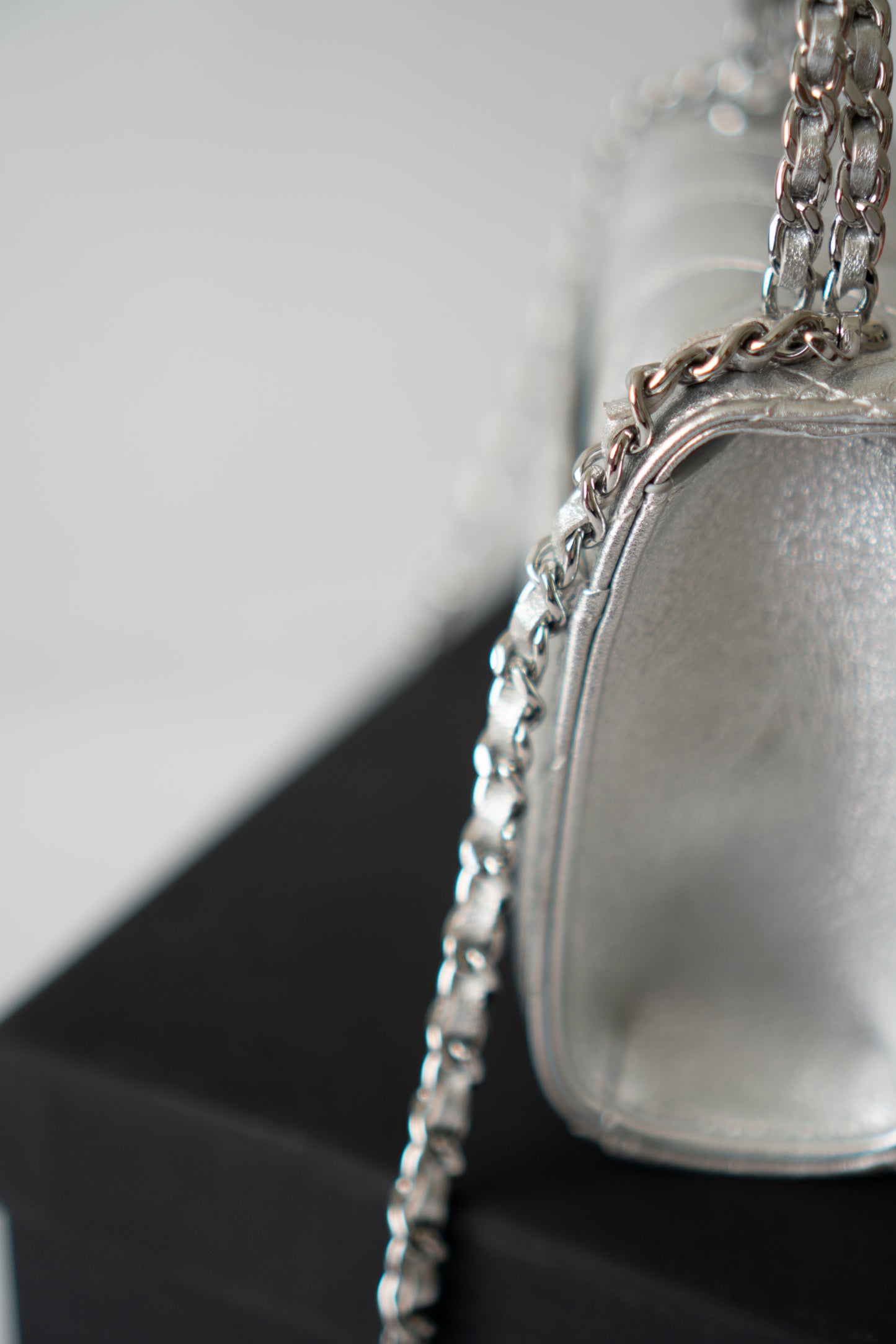 Mini Kelly Shopping Bag – Metallic Silver Quilted Lambskin with Silver Hardware