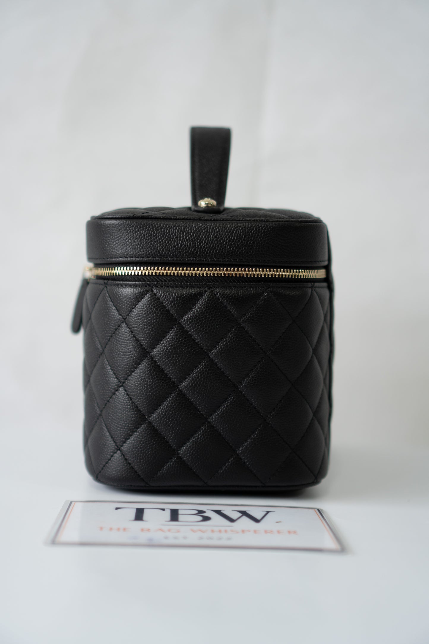 Classic Vanity Case with Top Handle – Black Quilted Caviar Leather with Gold Hardware