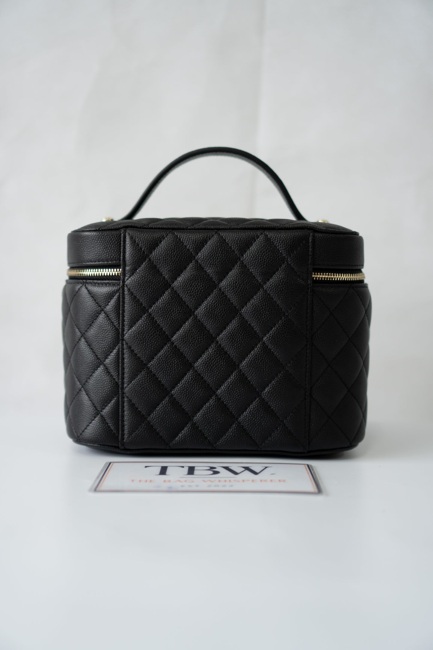 Classic Vanity Case with Top Handle – Black Quilted Caviar Leather with Gold Hardware