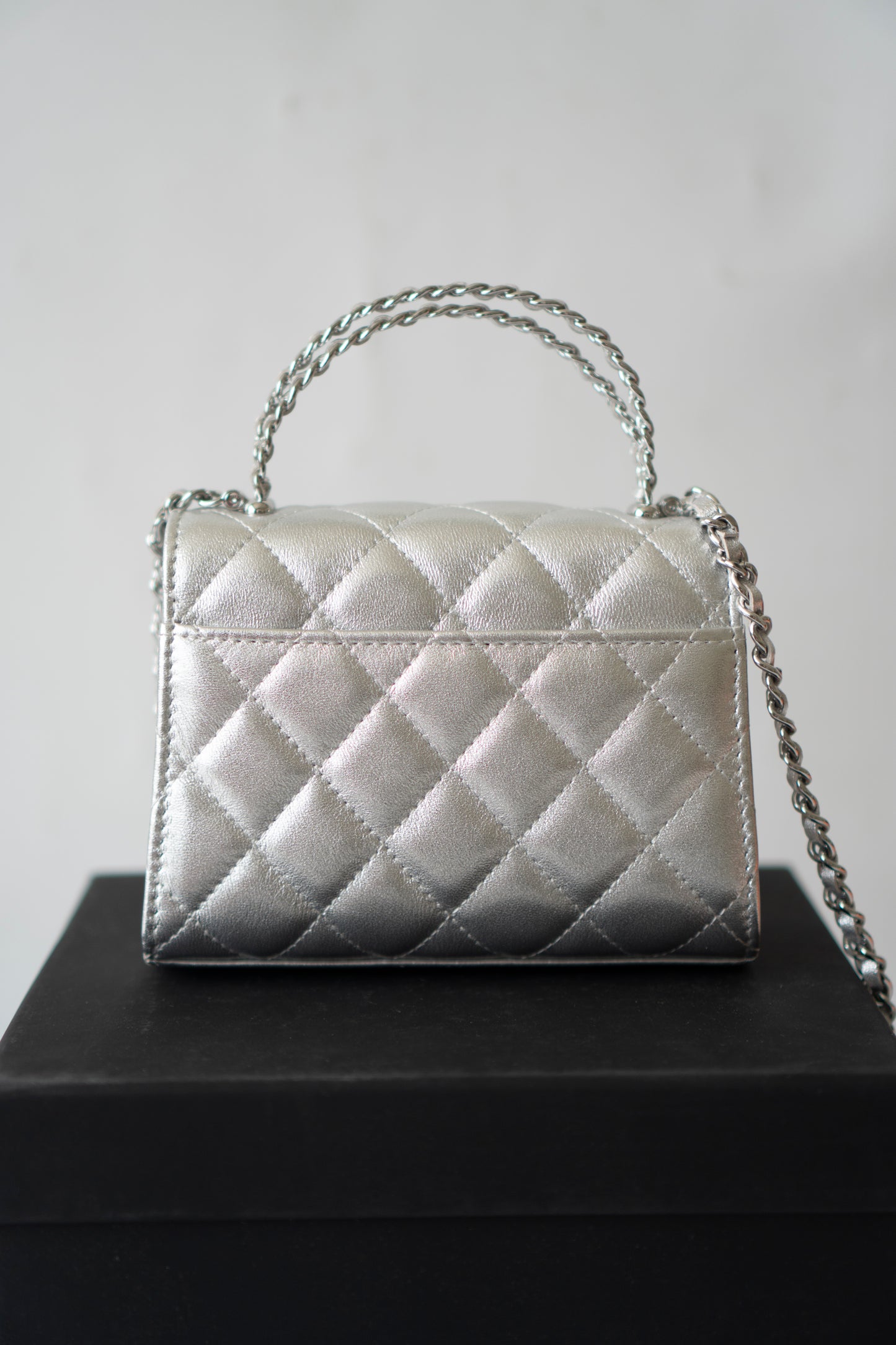Mini Kelly Shopping Bag – Metallic Silver Quilted Lambskin with Silver Hardware