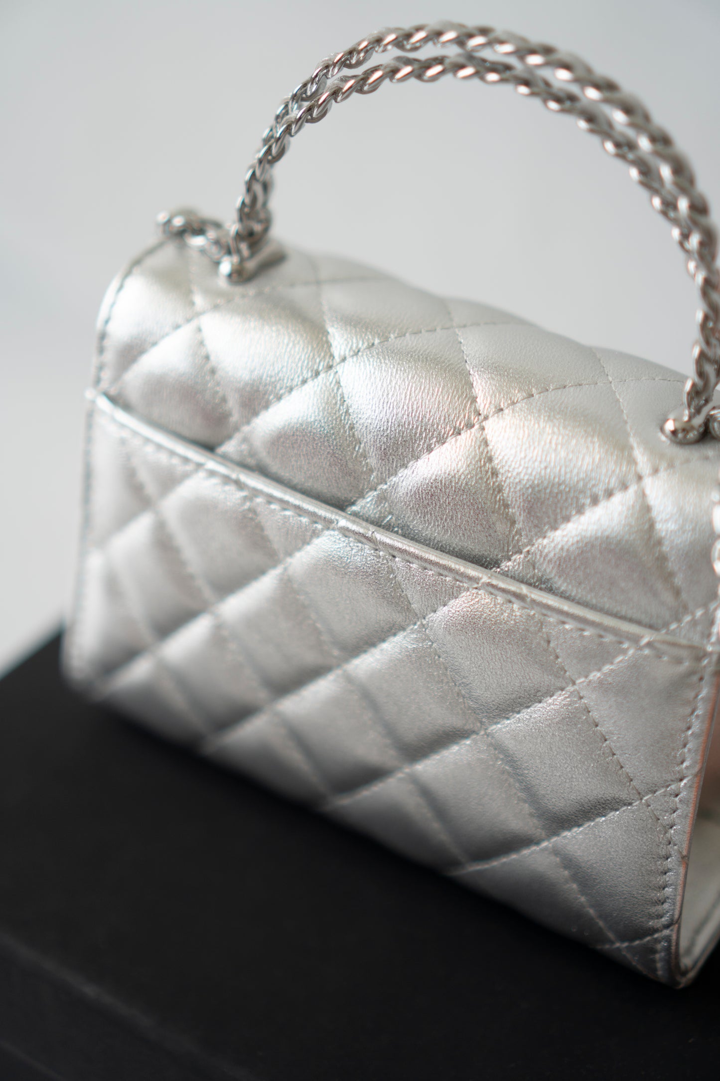 Mini Kelly Shopping Bag – Metallic Silver Quilted Lambskin with Silver Hardware