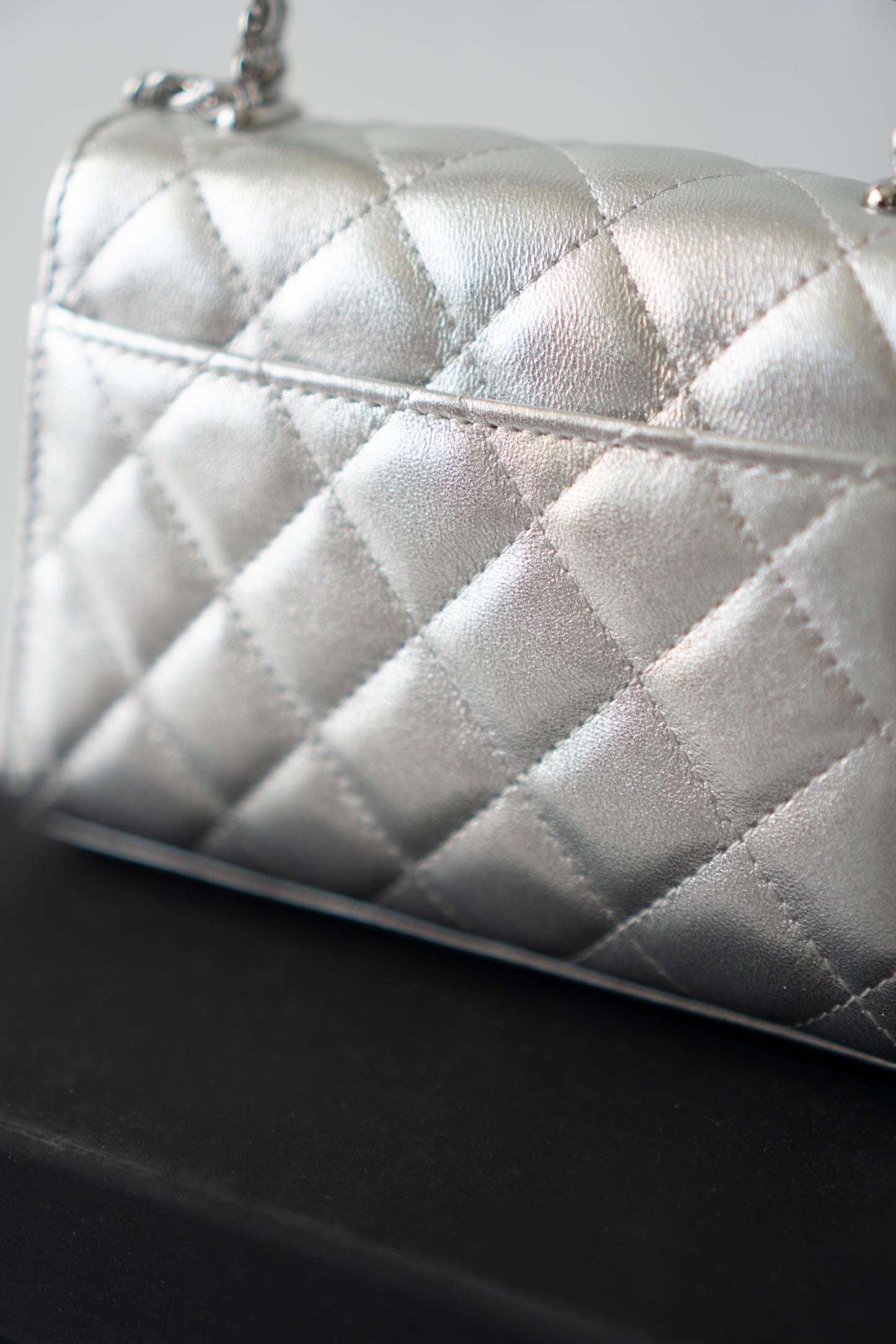 Mini Kelly Shopping Bag – Metallic Silver Quilted Lambskin with Silver Hardware
