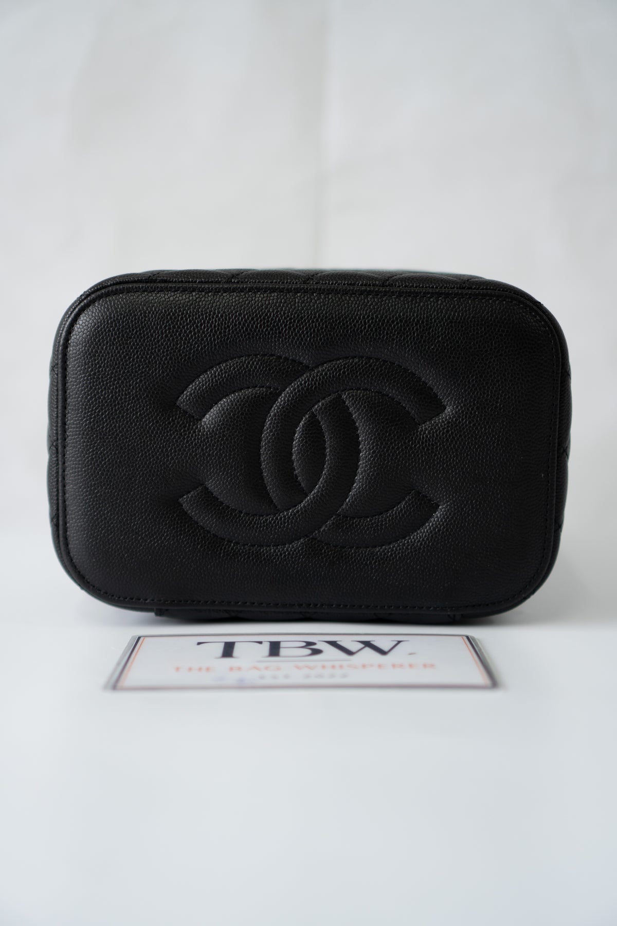Classic Vanity Case with Top Handle – Black Quilted Caviar Leather with Gold Hardware