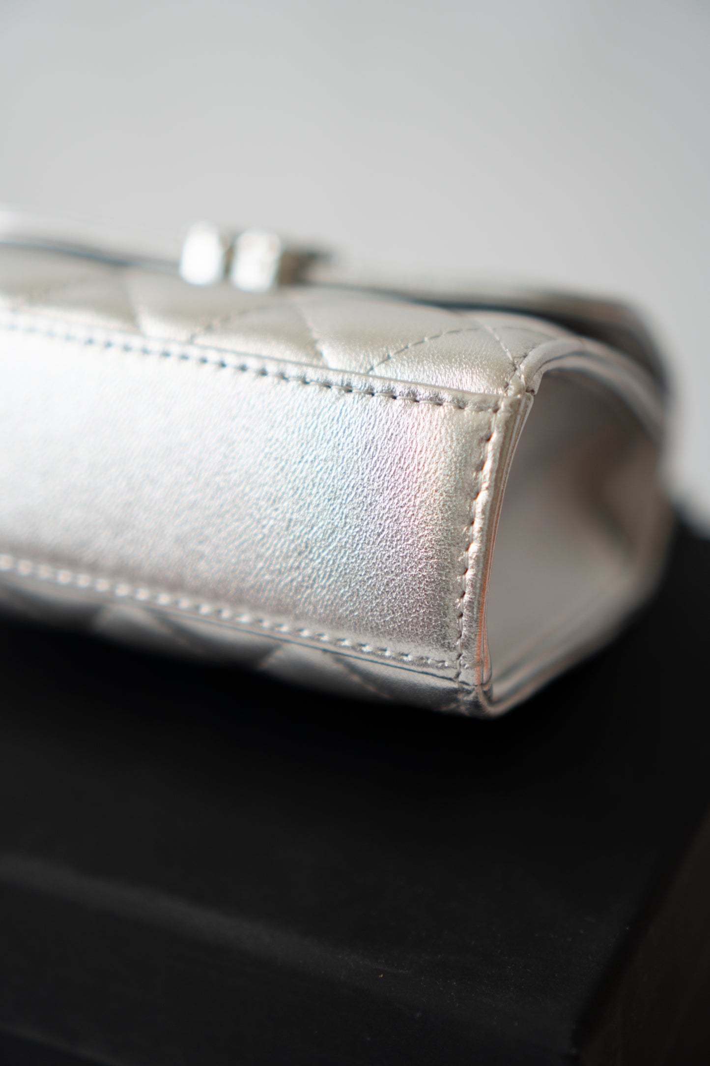Mini Kelly Shopping Bag – Metallic Silver Quilted Lambskin with Silver Hardware