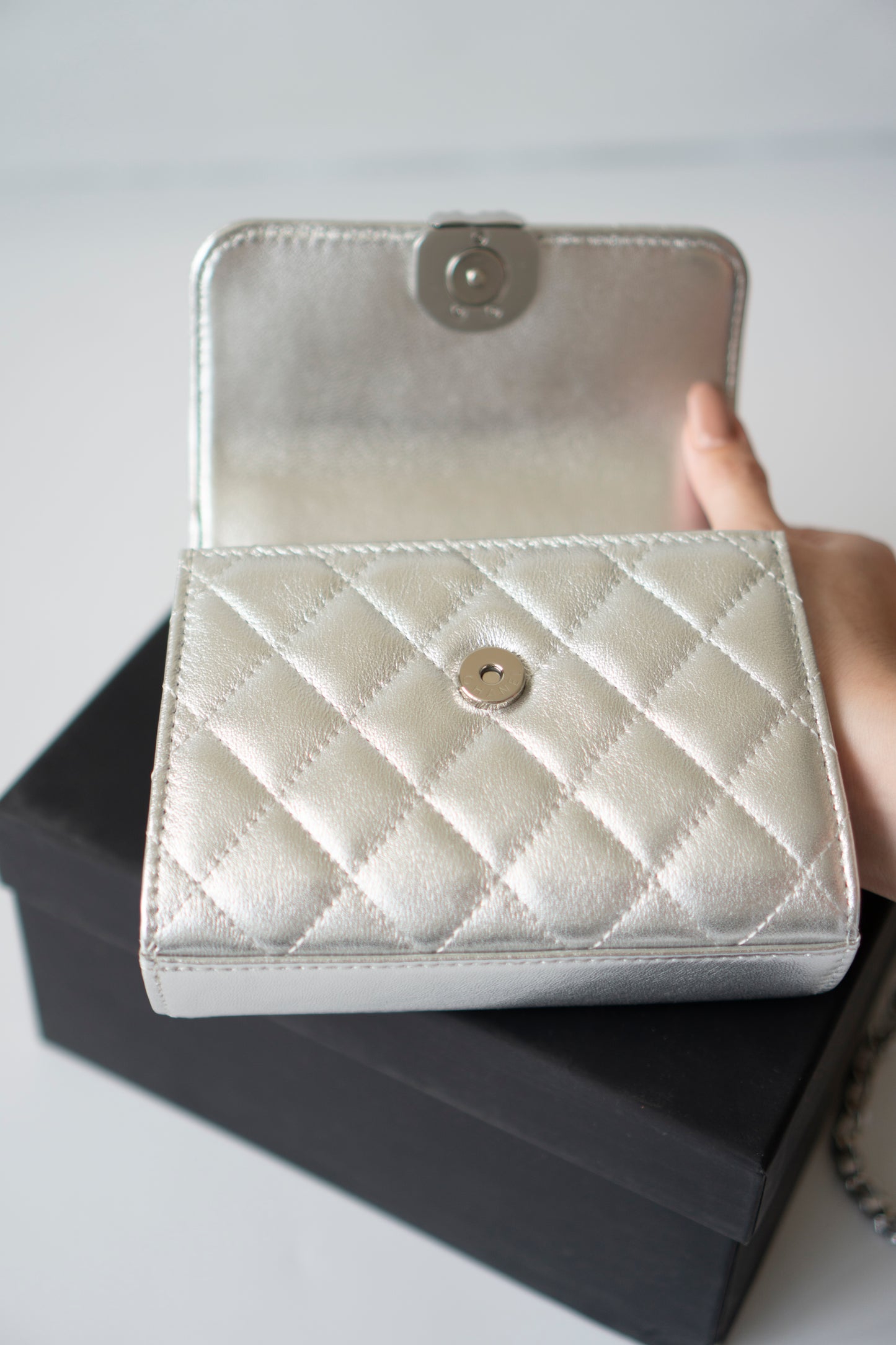 Mini Kelly Shopping Bag – Metallic Silver Quilted Lambskin with Silver Hardware
